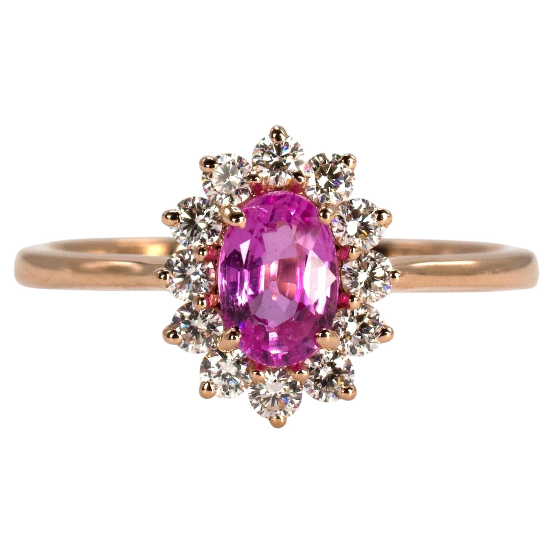14K Rose Gold Oval Rosa Saphir Halo Solitär Ring im Angebot