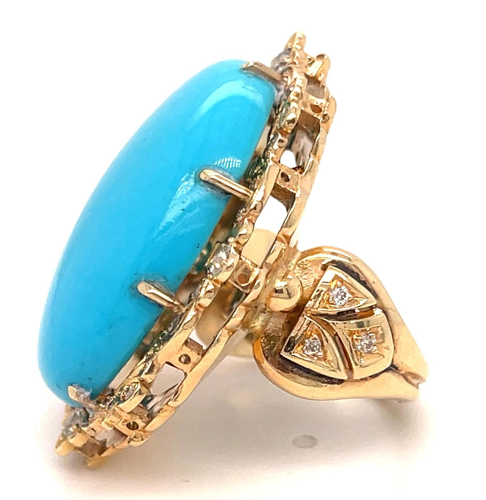 Bague en or rose 14k avec cabochon ovale de turquoise et accents de diamants Taille 6.75 en vente 4