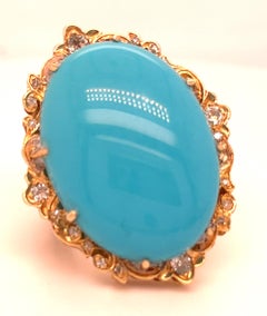 14k Rose Gold Oval Turquoise Cabochon Ring with Diamond Accents Size 6.75