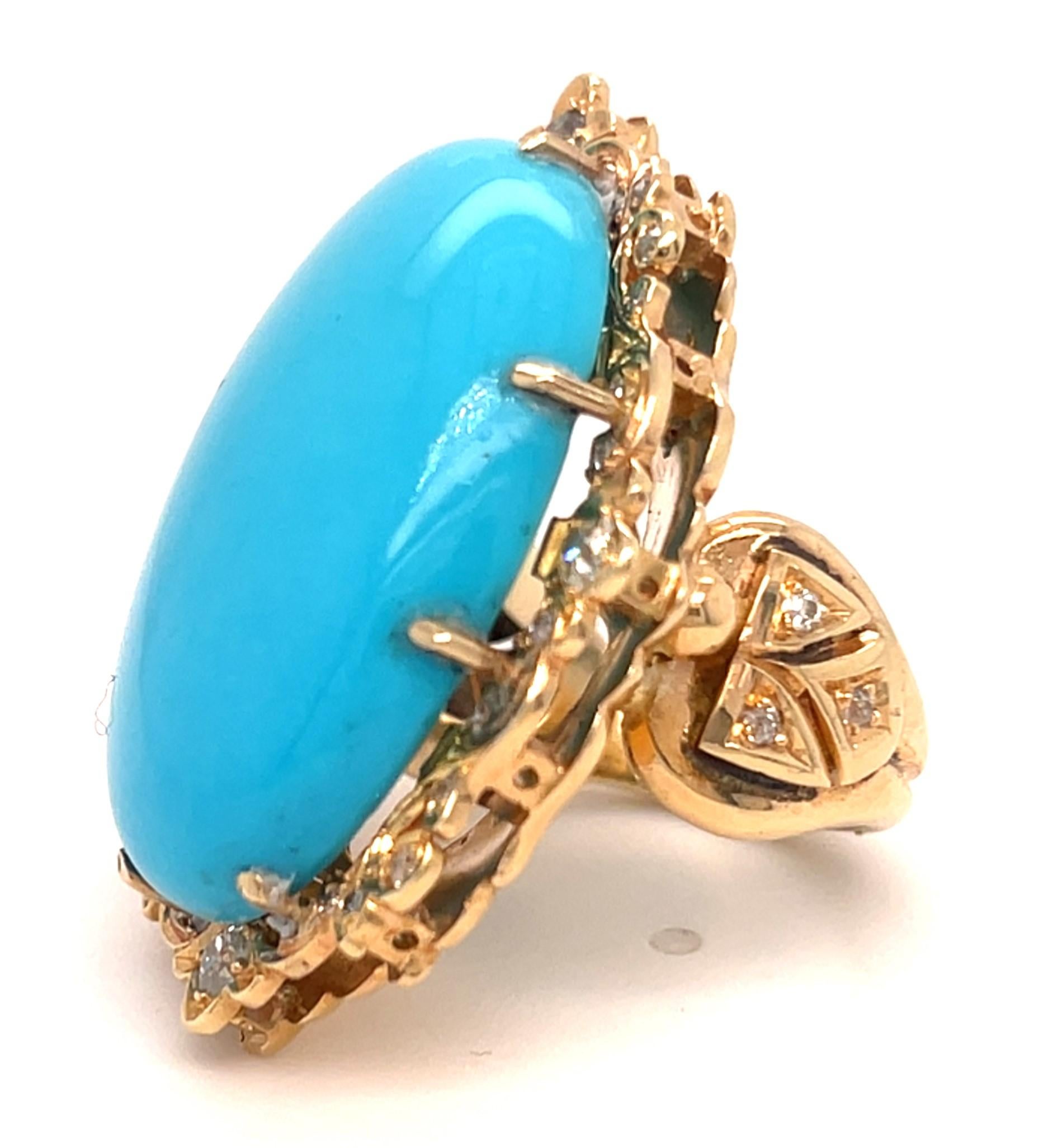Moderne Bague en or rose 14k avec cabochon ovale de turquoise et accents de diamants Taille 6.75 en vente