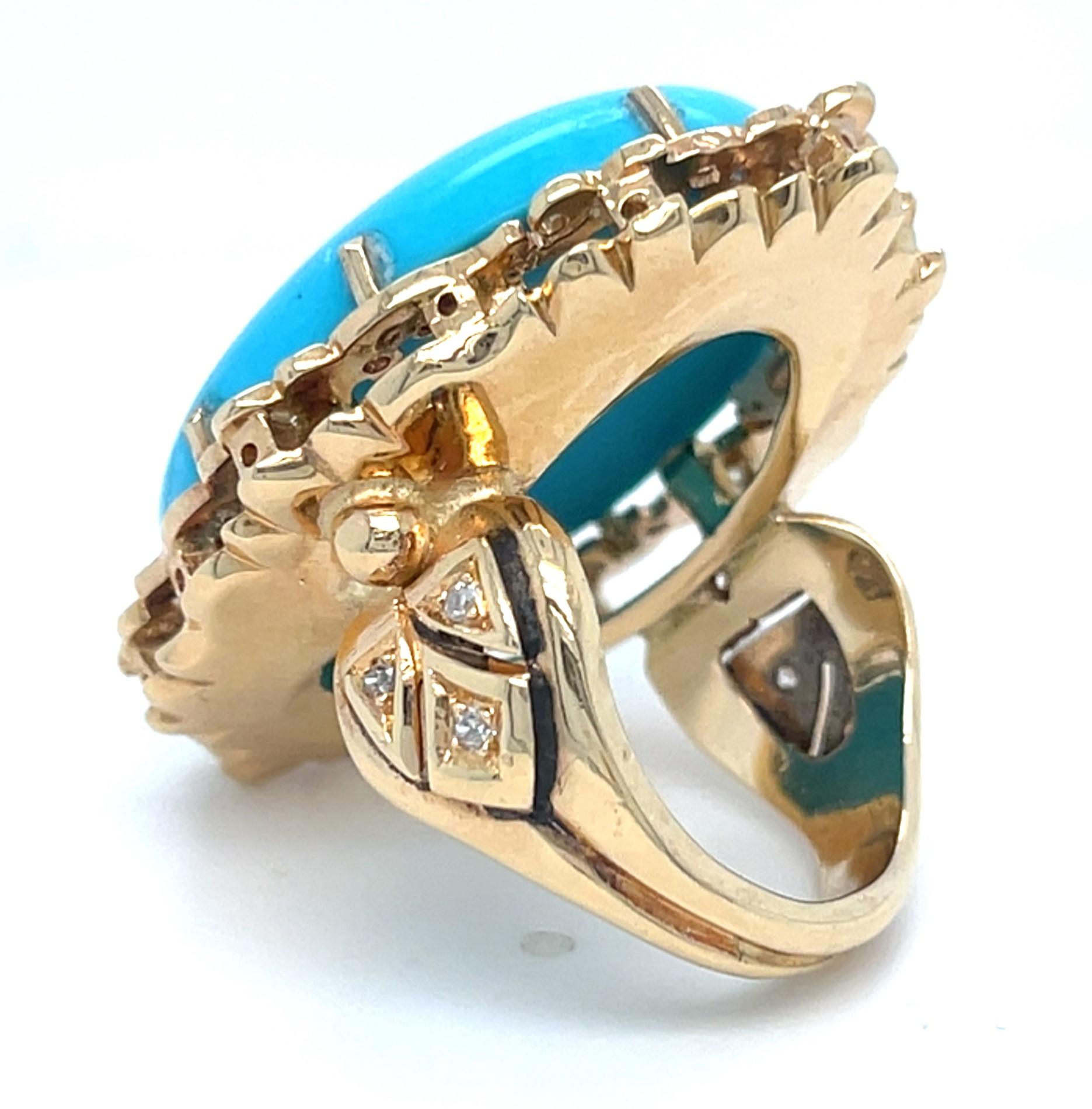 Taille cabochon Bague en or rose 14k avec cabochon ovale de turquoise et accents de diamants Taille 6.75 en vente