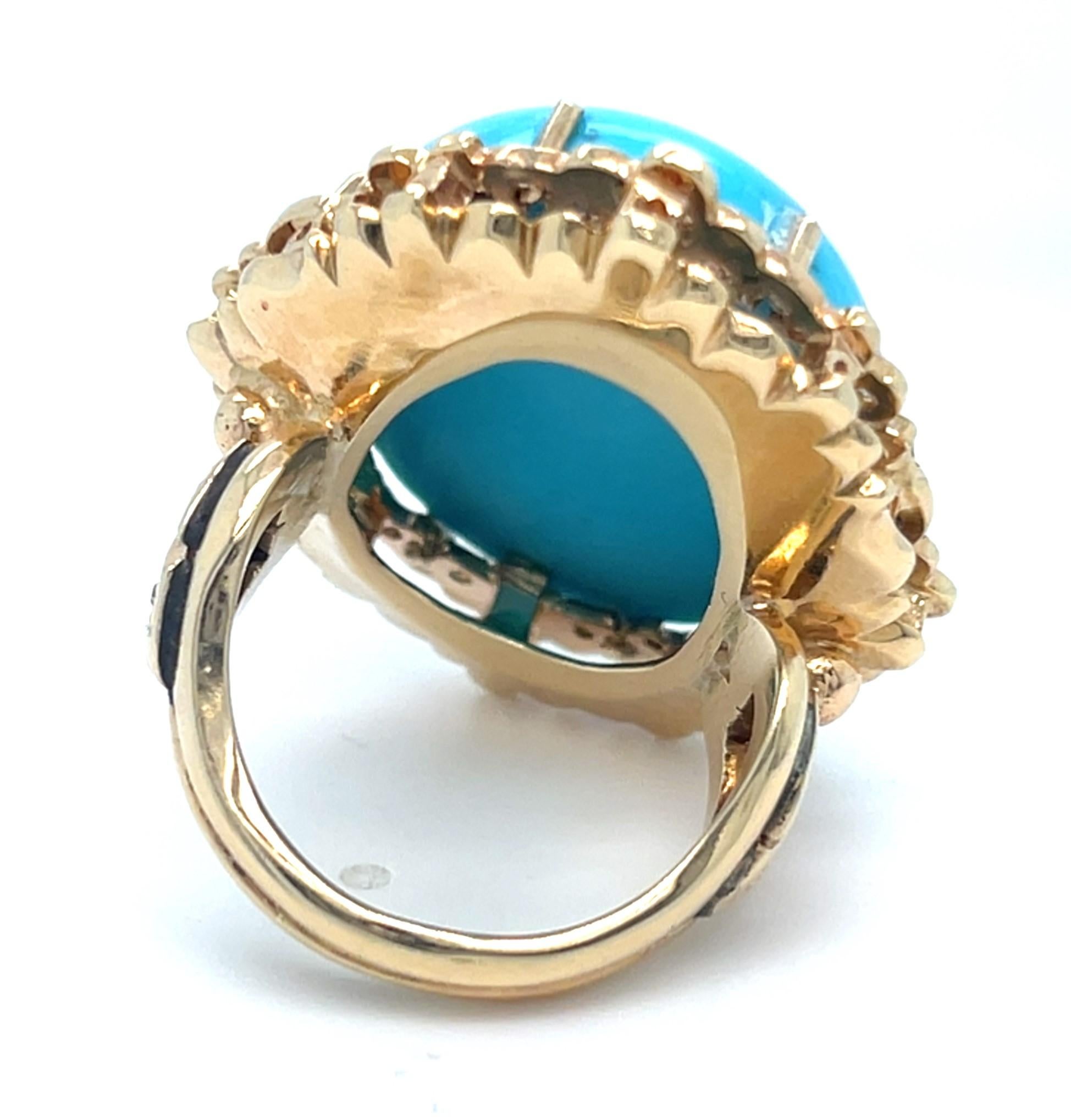 Bague en or rose 14k avec cabochon ovale de turquoise et accents de diamants Taille 6.75 Bon état - En vente à Sherman Oaks, CA