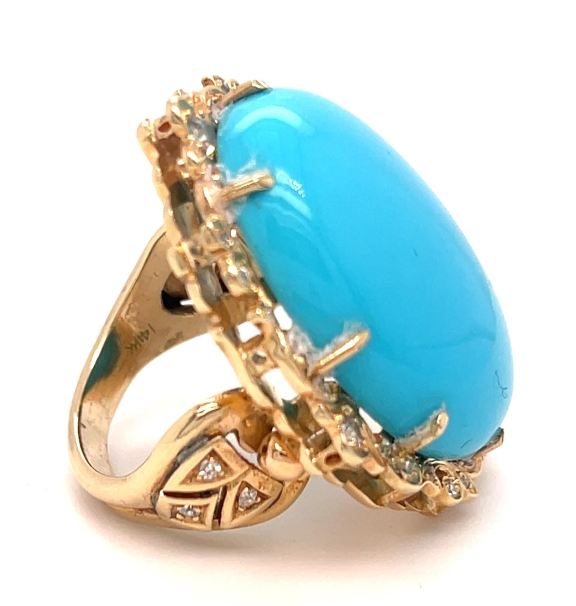 Bague en or rose 14k avec cabochon ovale de turquoise et accents de diamants Taille 6.75 Unisexe en vente