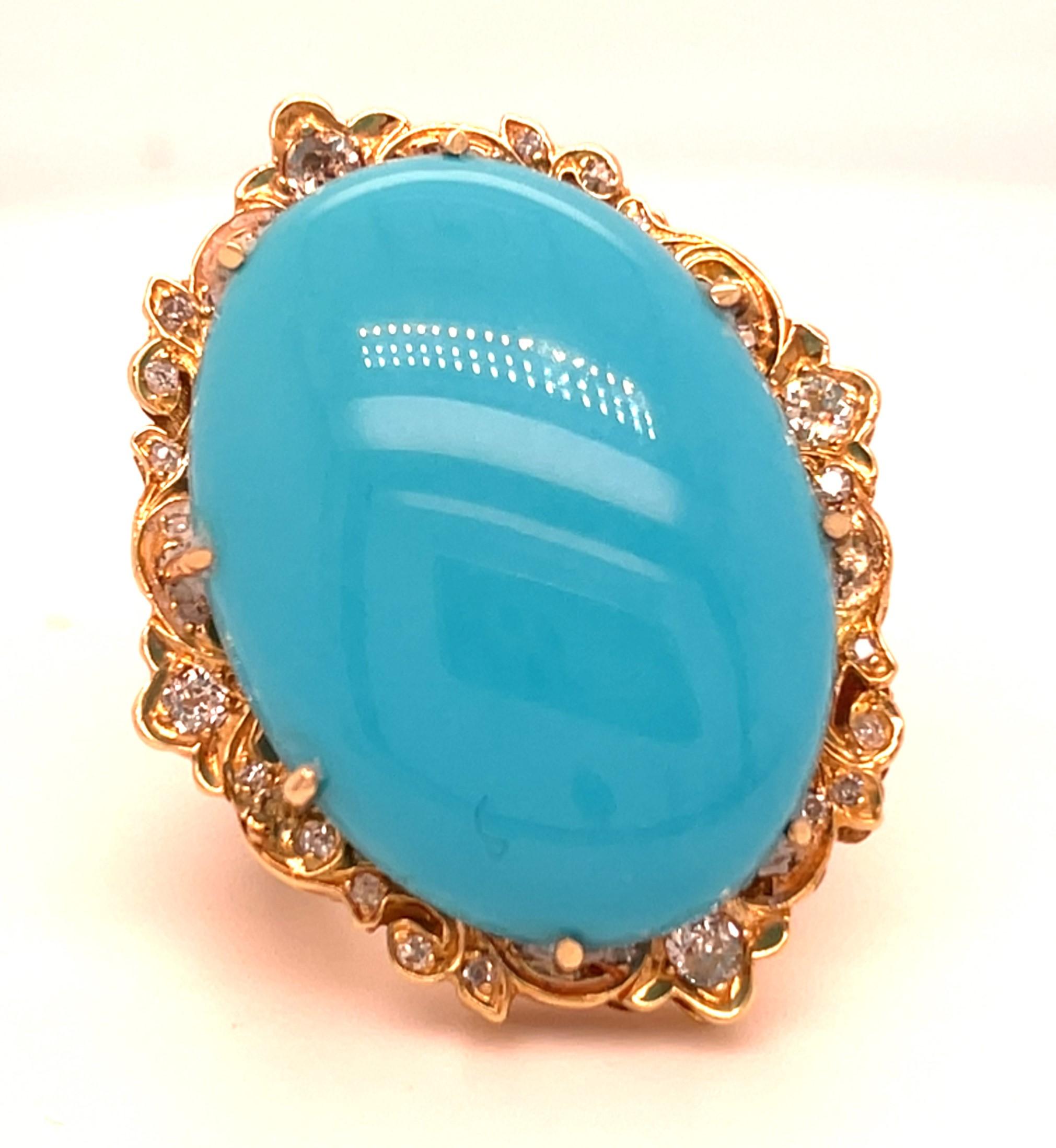 Bague en or rose 14k avec cabochon ovale de turquoise et accents de diamants Taille 6.75 en vente 1