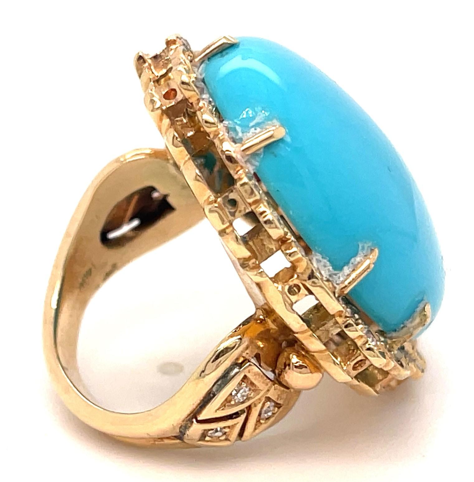Bague en or rose 14k avec cabochon ovale de turquoise et accents de diamants Taille 6.75 en vente 2