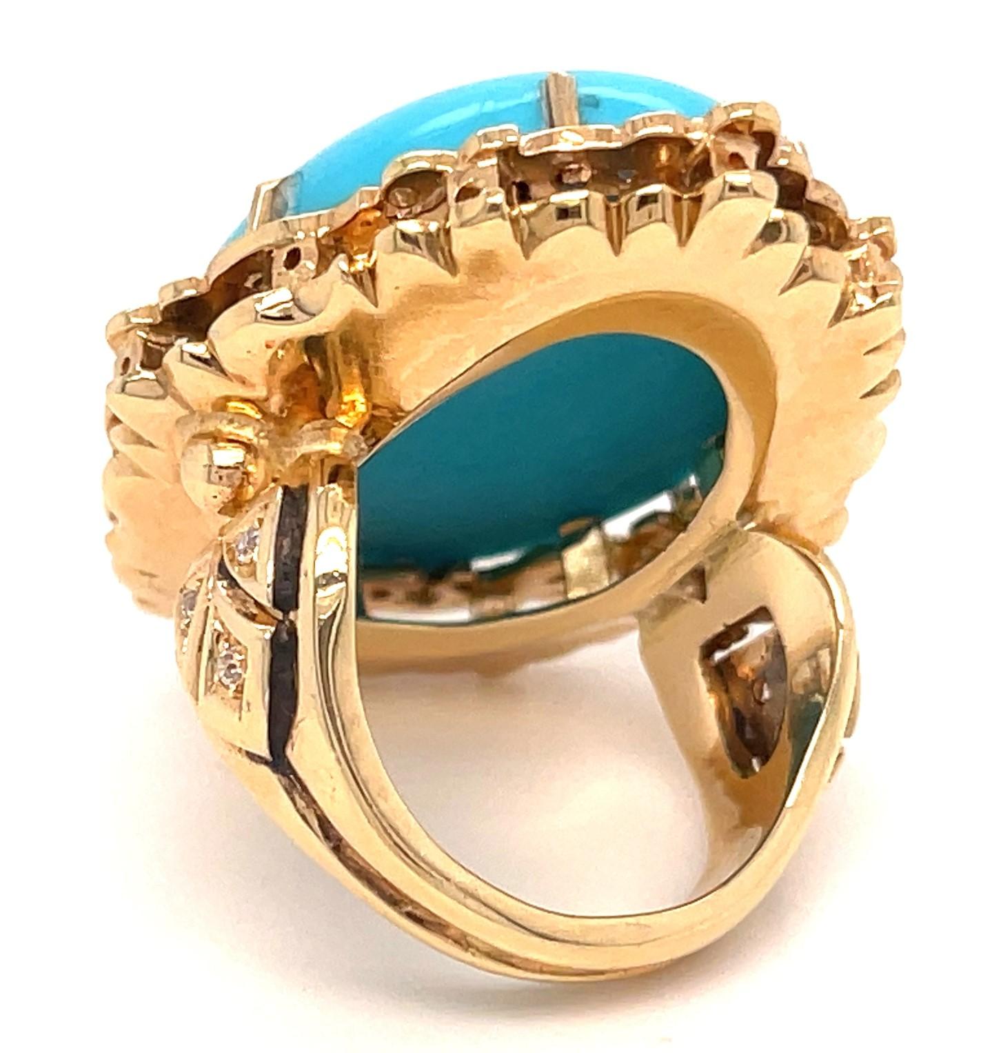 Bague en or rose 14k avec cabochon ovale de turquoise et accents de diamants Taille 6.75 en vente 3