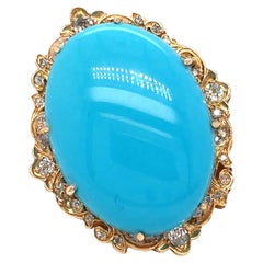 Bague en or rose 14k avec cabochon ovale de turquoise et accents de diamants Taille 6.75