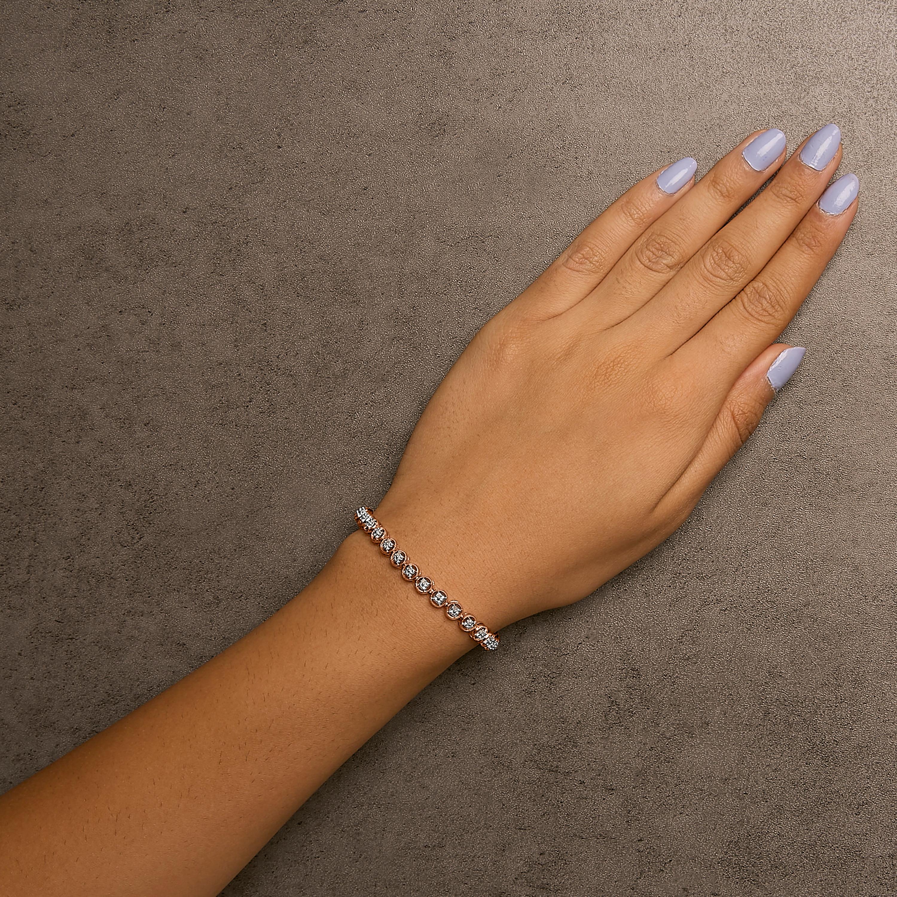 Modern 14K Rose Gold Over Silver 1/10 Cttw Diamond Open Circle Beaded Tennis Bracelet For Sale