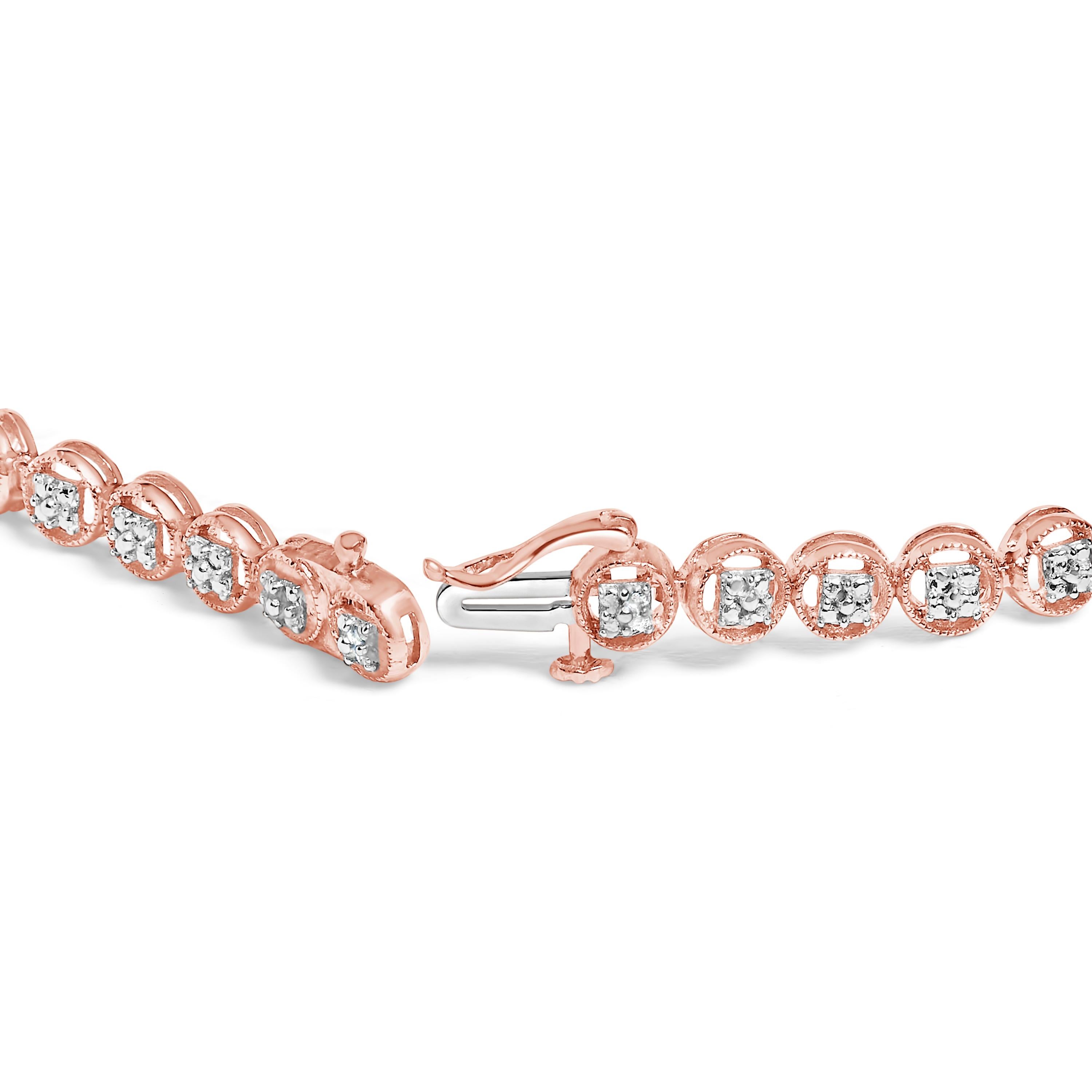 Round Cut 14K Rose Gold Over Silver 1/10 Cttw Diamond Open Circle Beaded Tennis Bracelet For Sale