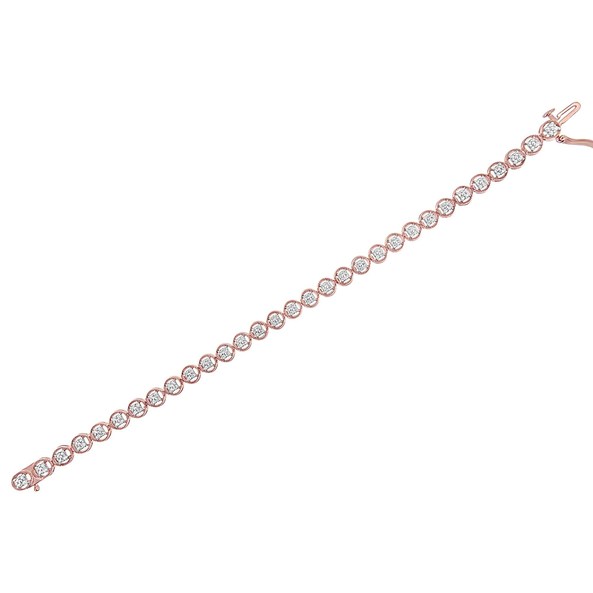 14K Rose Gold Over Silver 1/10 Cttw Diamond Open Circle Beaded Tennis Bracelet In New Condition For Sale In New York, NY