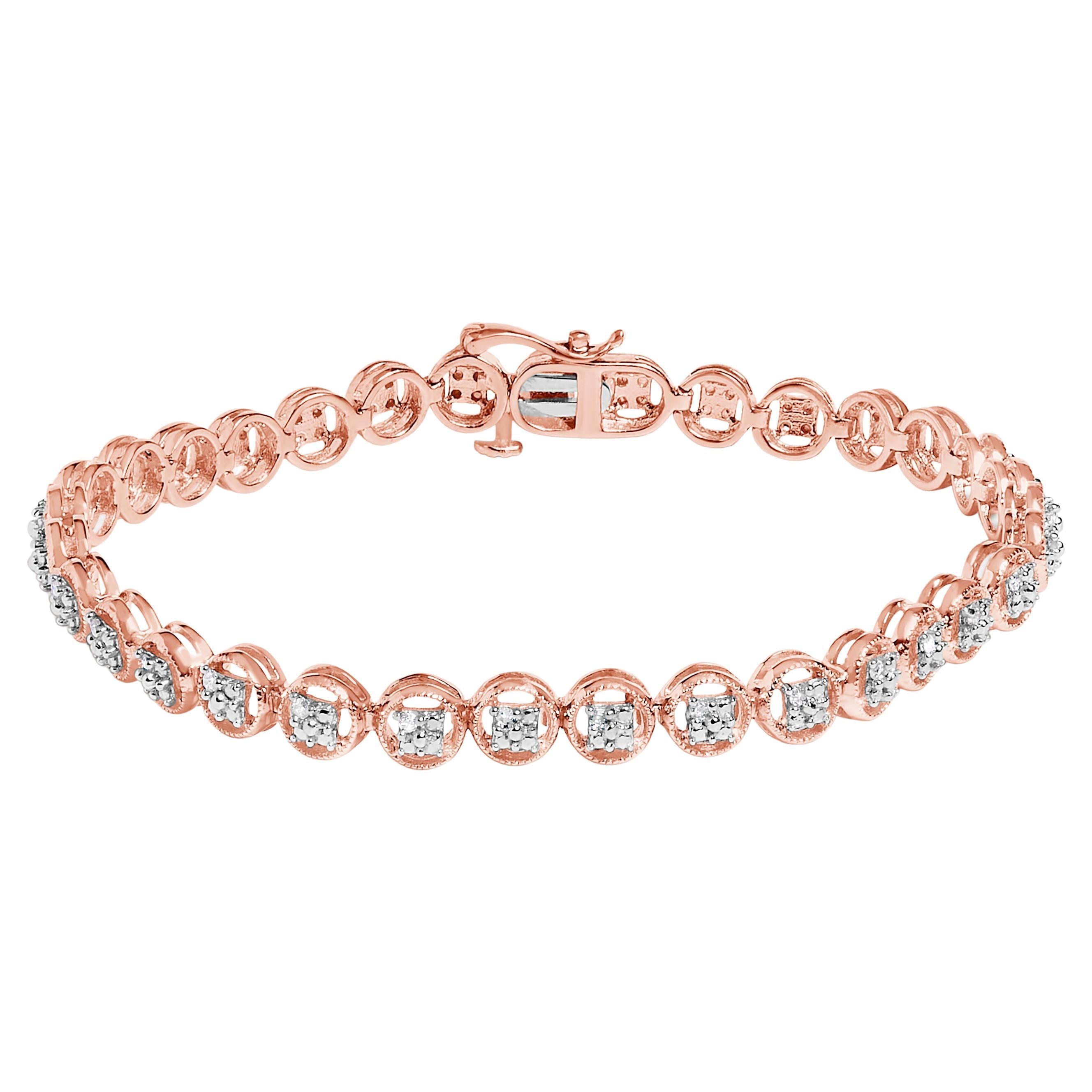 14K Rose Gold Over Silver 1/10 Cttw Diamond Open Circle Beaded Tennis Bracelet For Sale