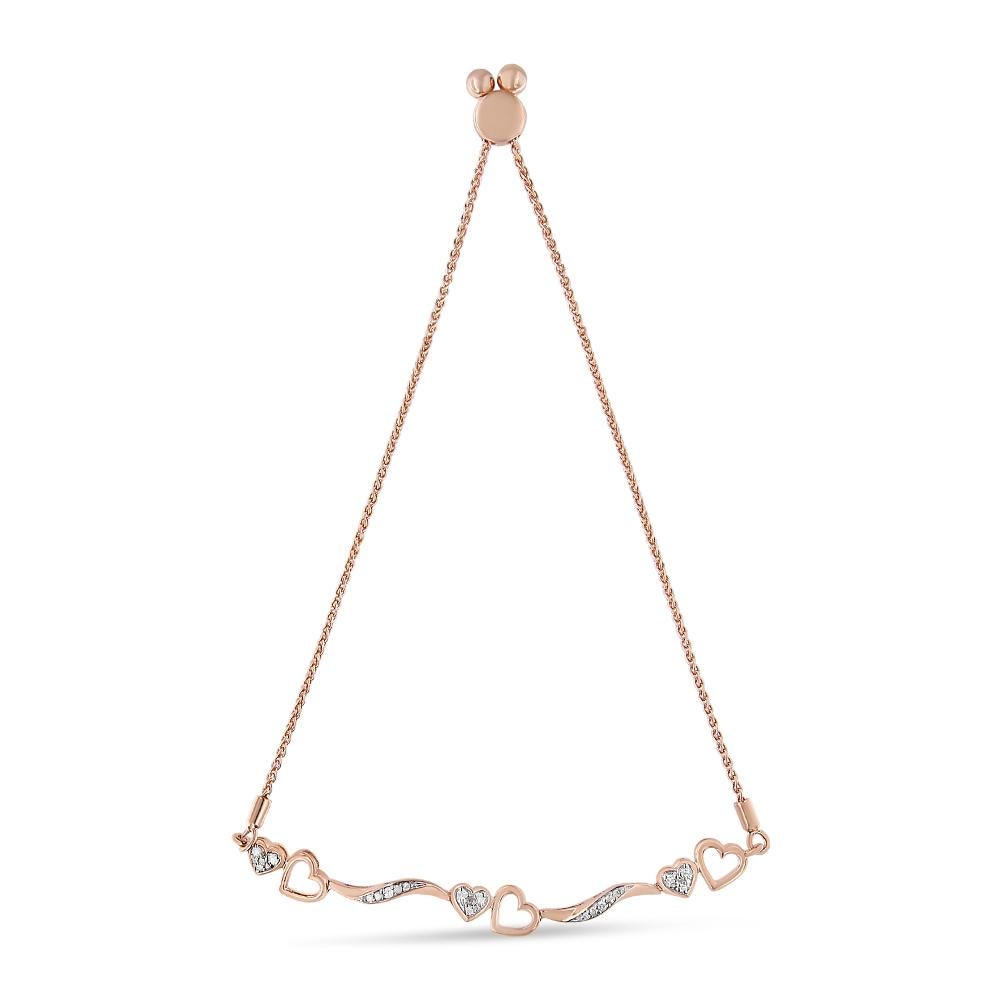Moderno Bracciale Bolo regolabile in oro rosa 14K e argento con 1/10 di diamante a forma di onda e cuore in vendita