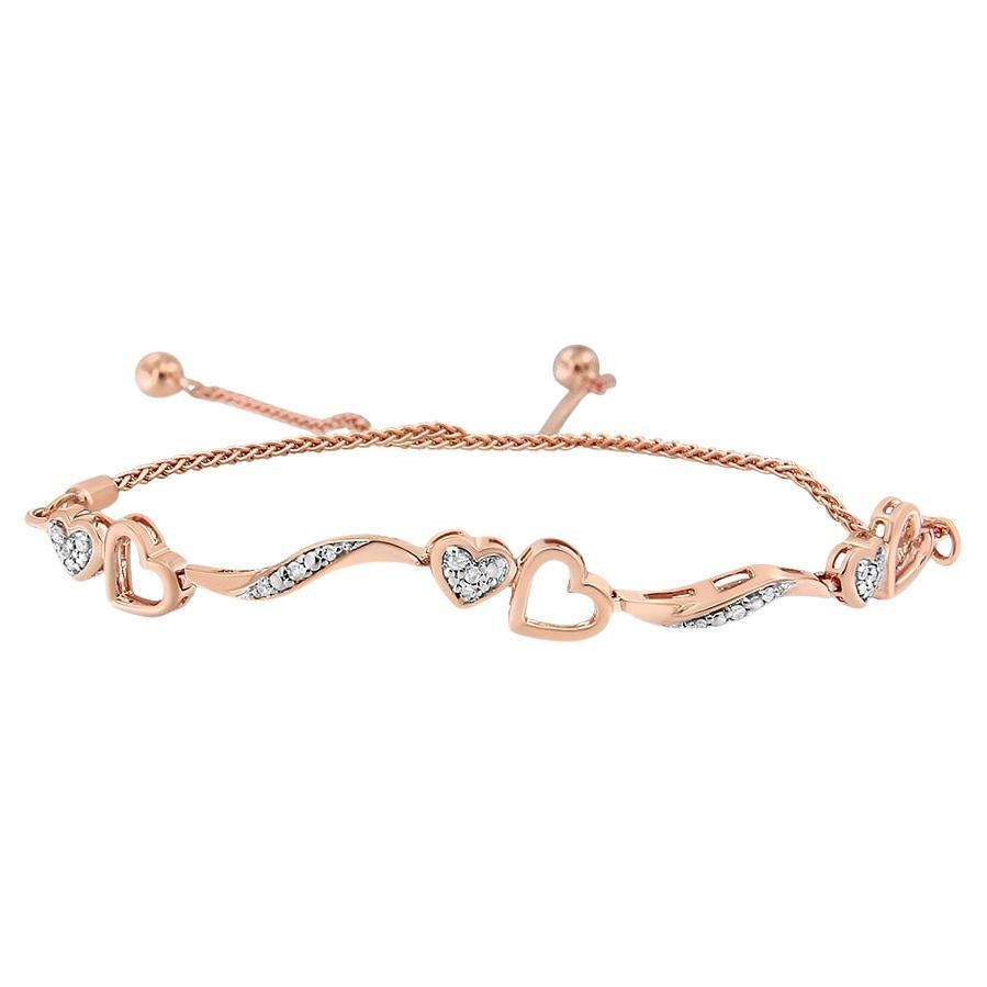 14K Rose Gold Over Silver 1/10ct Diamond Wave and Heart Adjustable Bolo Bracelet