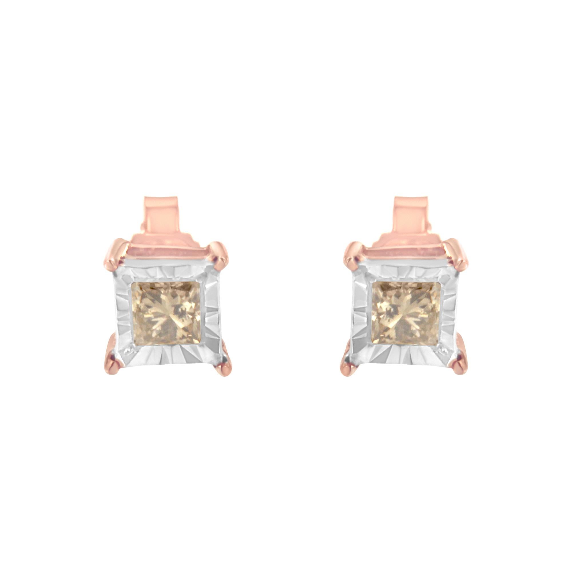 Contemporary 14K Rose Gold over Silver 1/2 Carat Square Diamond Solitaire Stud Earrings For Sale