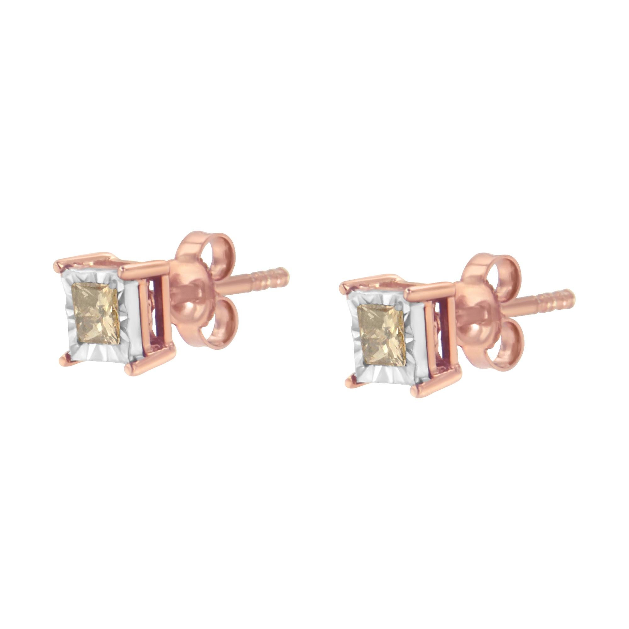 Princess Cut 14K Rose Gold over Silver 1/2 Carat Square Diamond Solitaire Stud Earrings For Sale