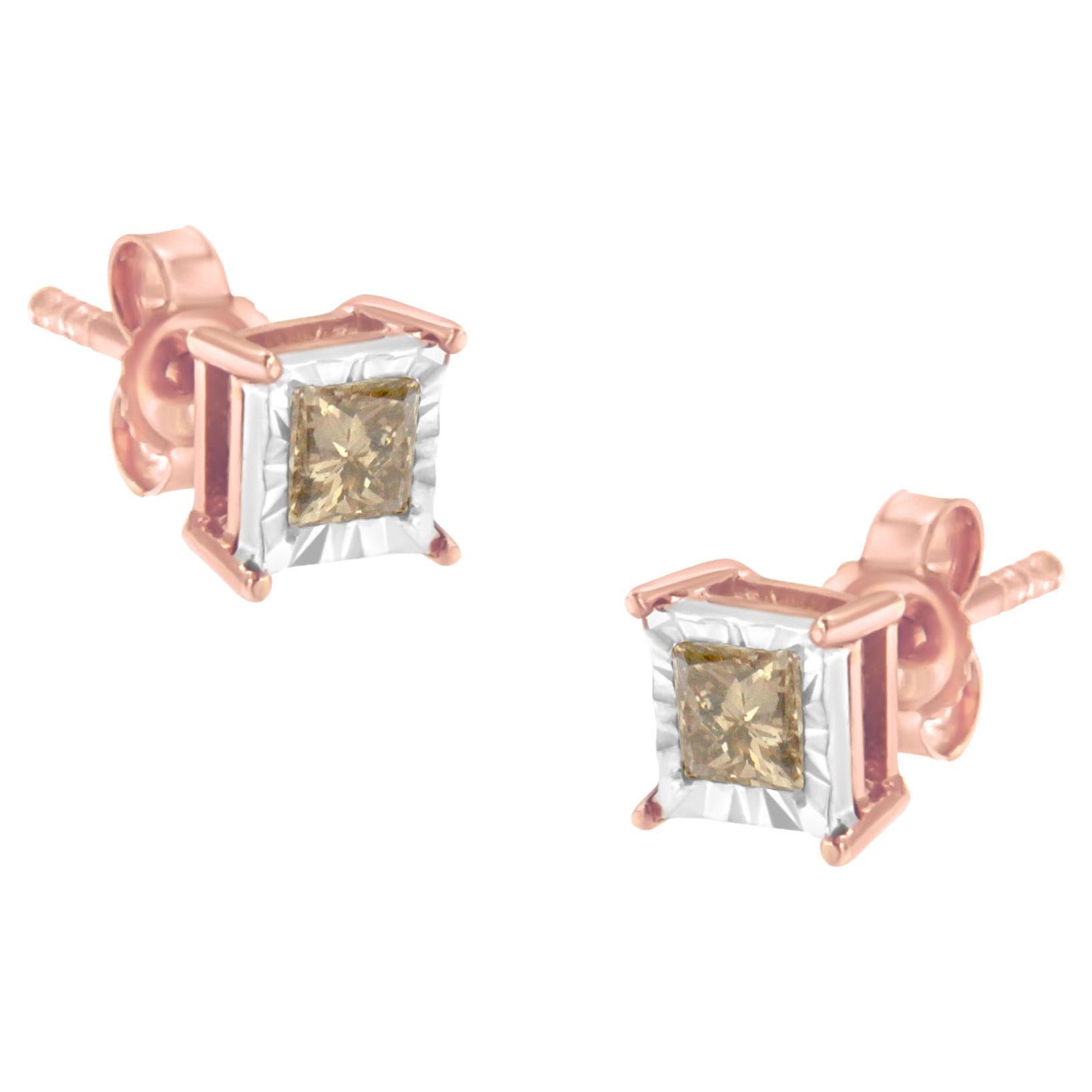 14K Rose Gold over Silver 1/2 Carat Square Diamond Solitaire Stud Earrings For Sale