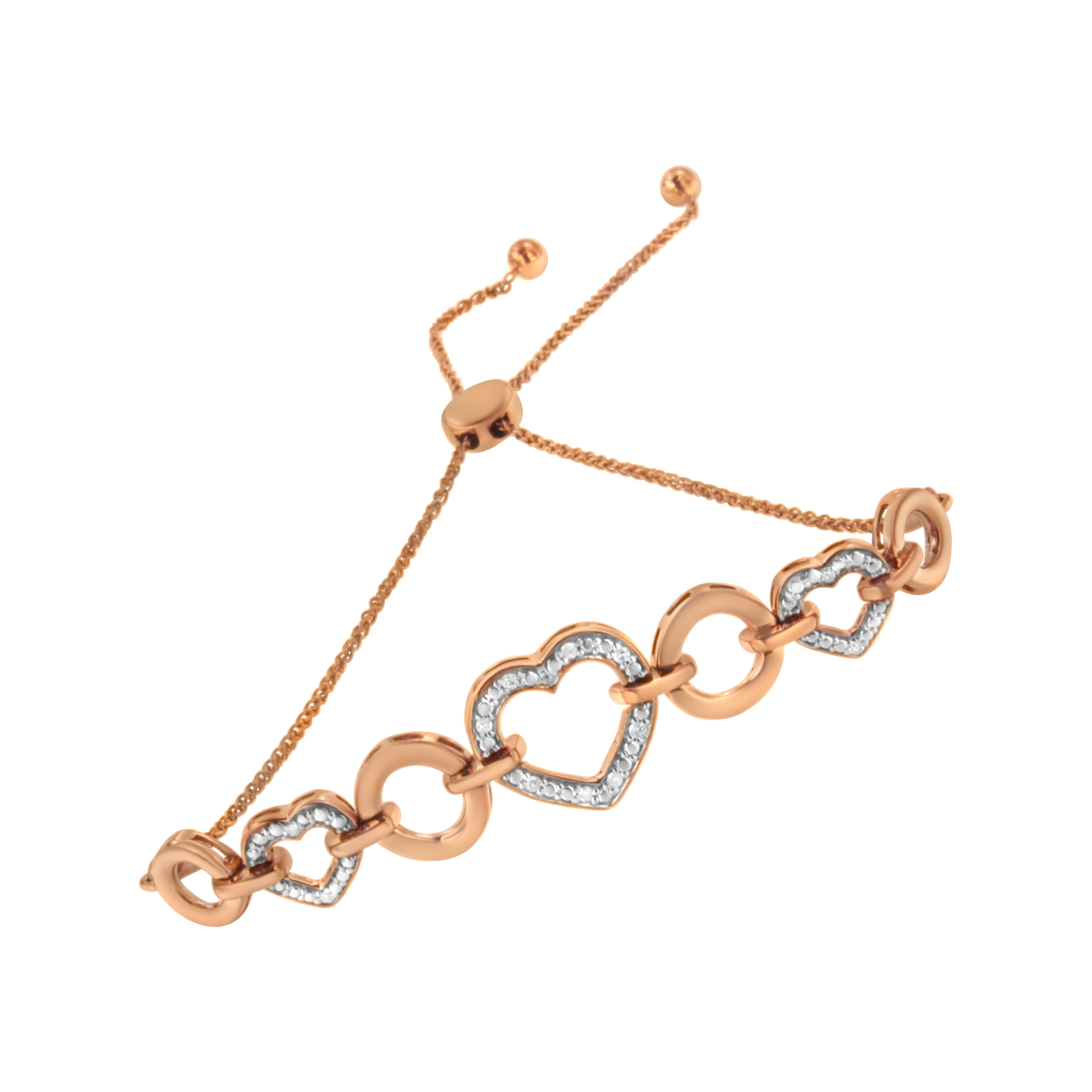 You will absolutely love this trendy and chic 14k rose gold plated .925 sterling silver bolo bracelet. The piece features a design of rose gold circles alternating with heart link embellished with round-cut, pave set diamonds. The bracelet features