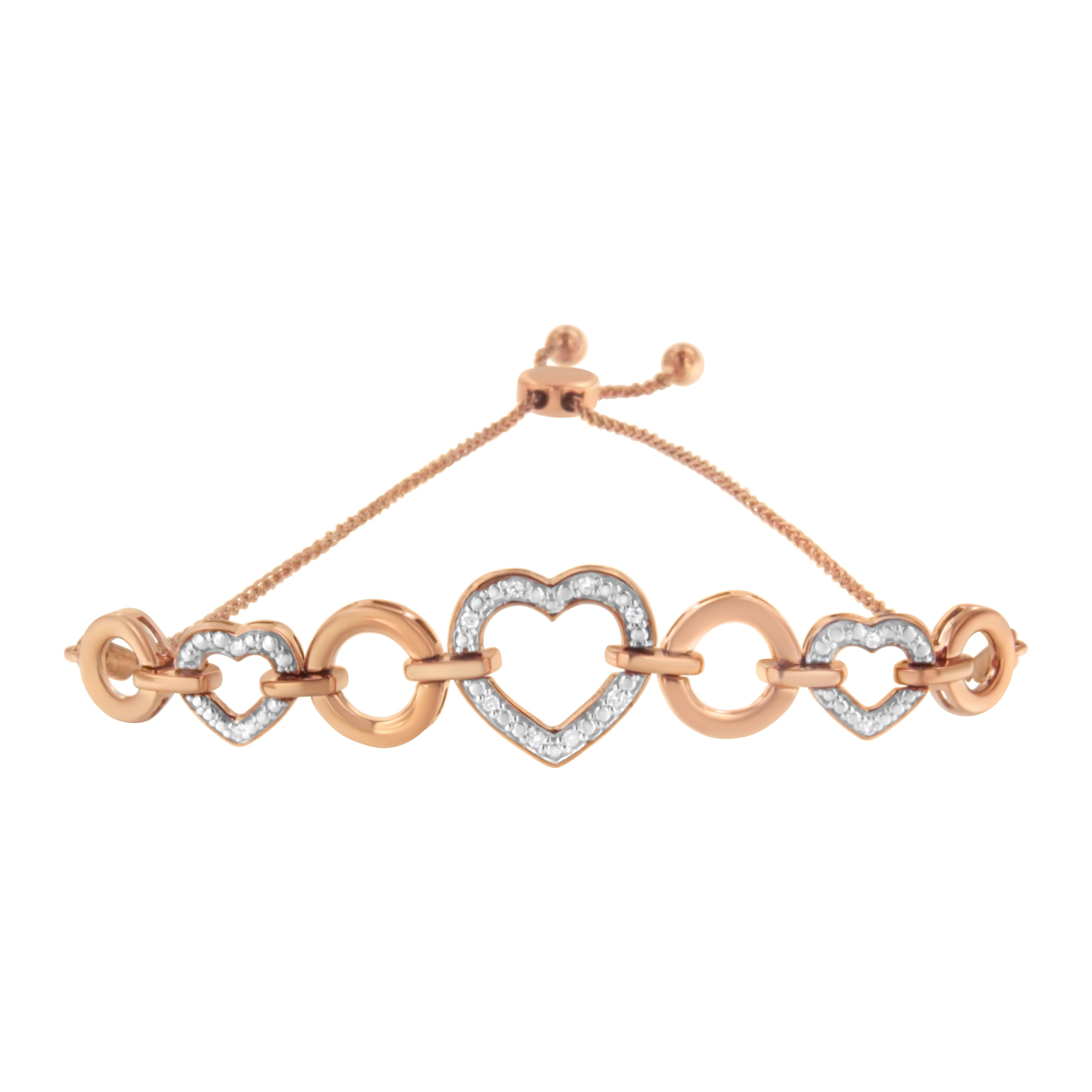 Moderne Bracelet Bolo en or rose 14 carats sur argent avec cercles ornés de diamants et maillons en forme de cœur en vente