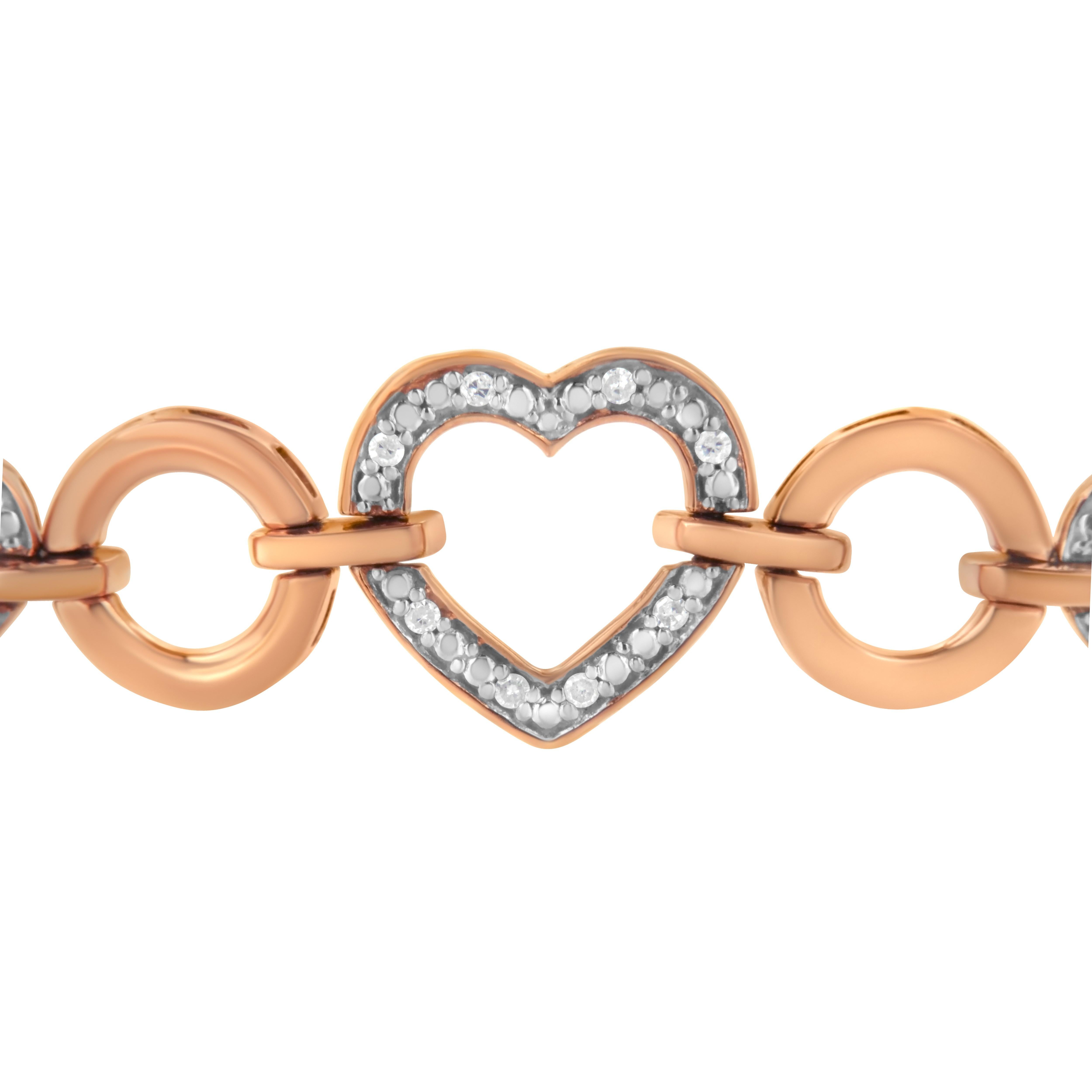 Round Cut 14K Rose Gold over Silver Diamond Accent Circle and Heart Link Bolo Bracelet For Sale