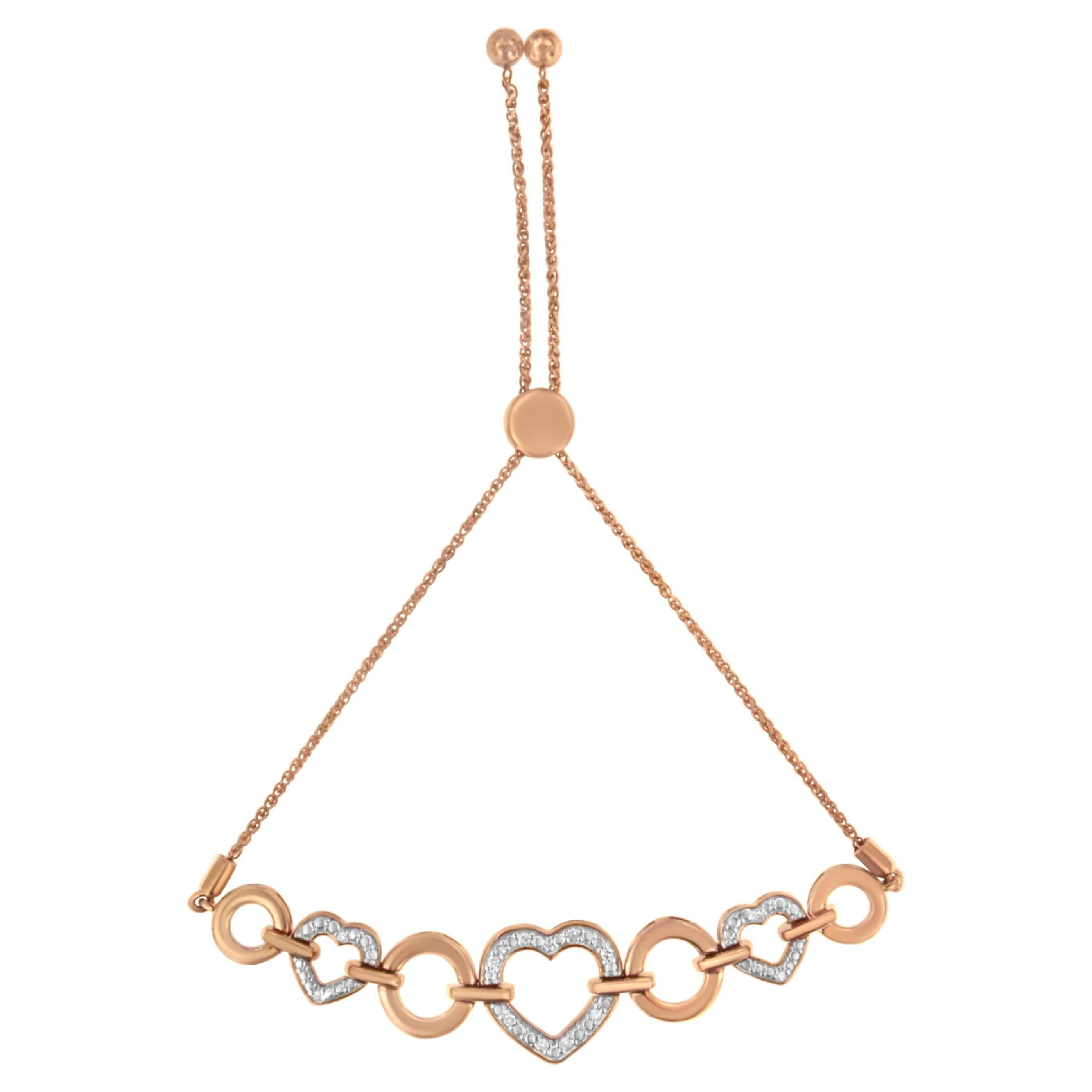 Bracelet Bolo en or rose 14 carats sur argent avec cercles ornés de diamants et maillons en forme de cœur en vente