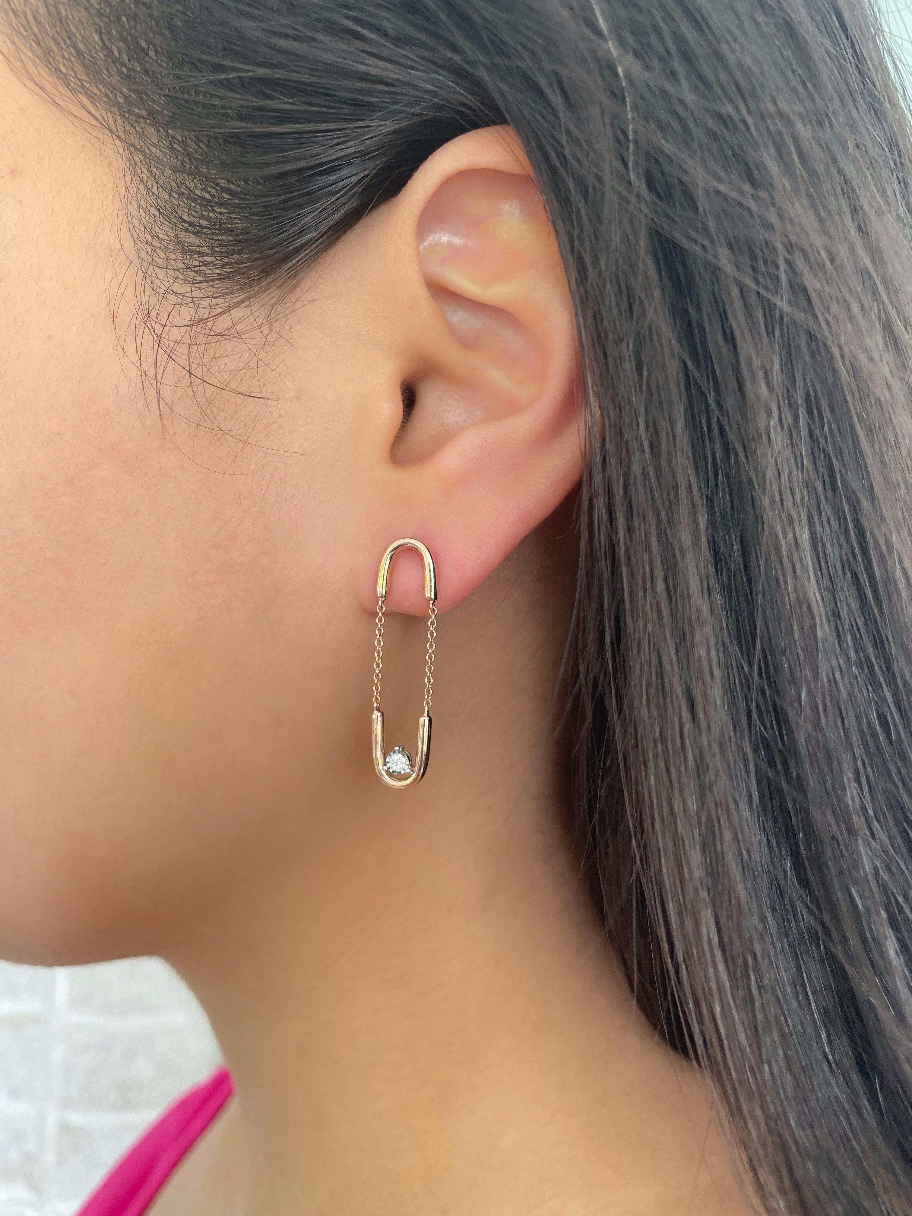 Round Cut 14K Rose Gold Paperclip Dangling Diamond Earrings For Sale