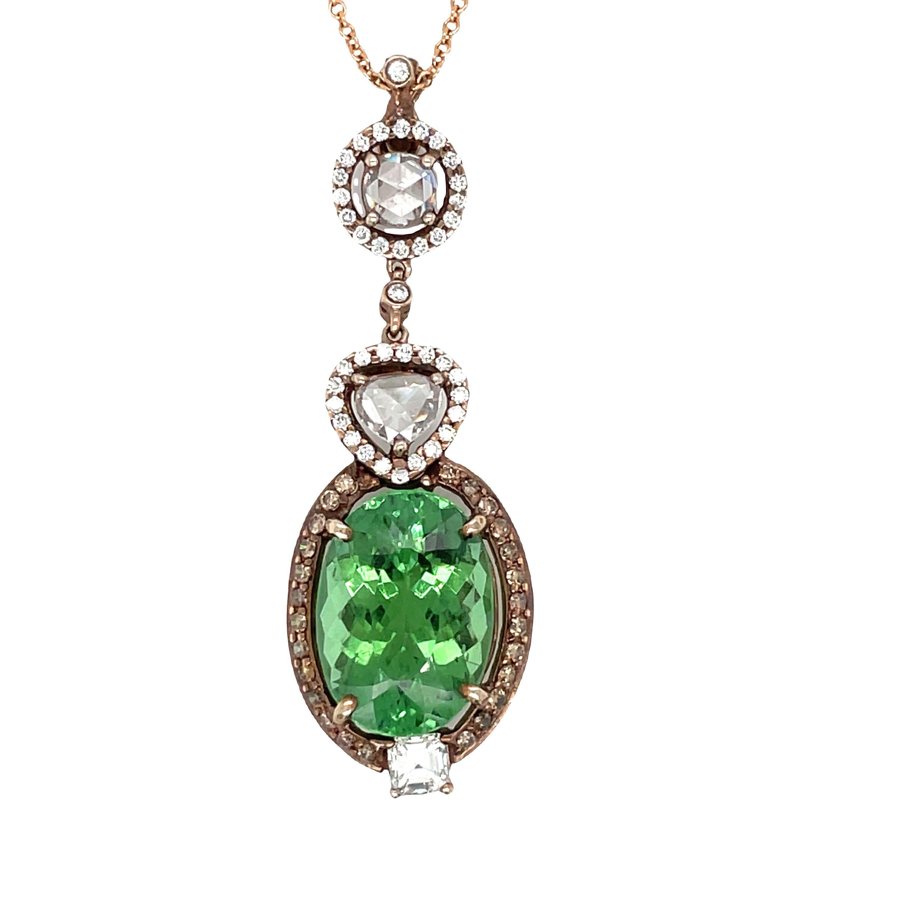 14k Rose Gold Paraiba Green Tourmaline Diamond Pendant For Sale 2