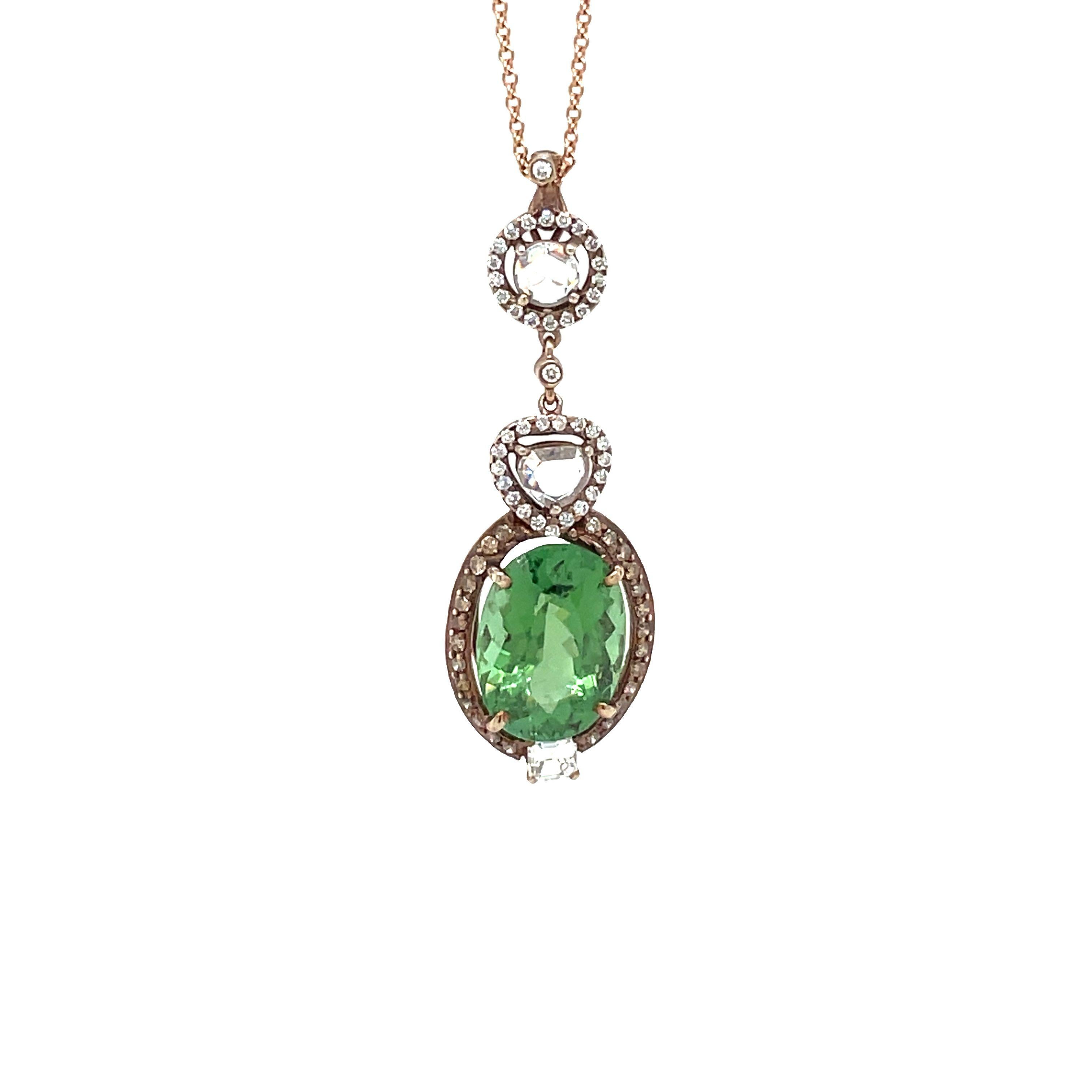 Oval Cut 14k Rose Gold Paraiba Green Tourmaline Diamond Pendant For Sale