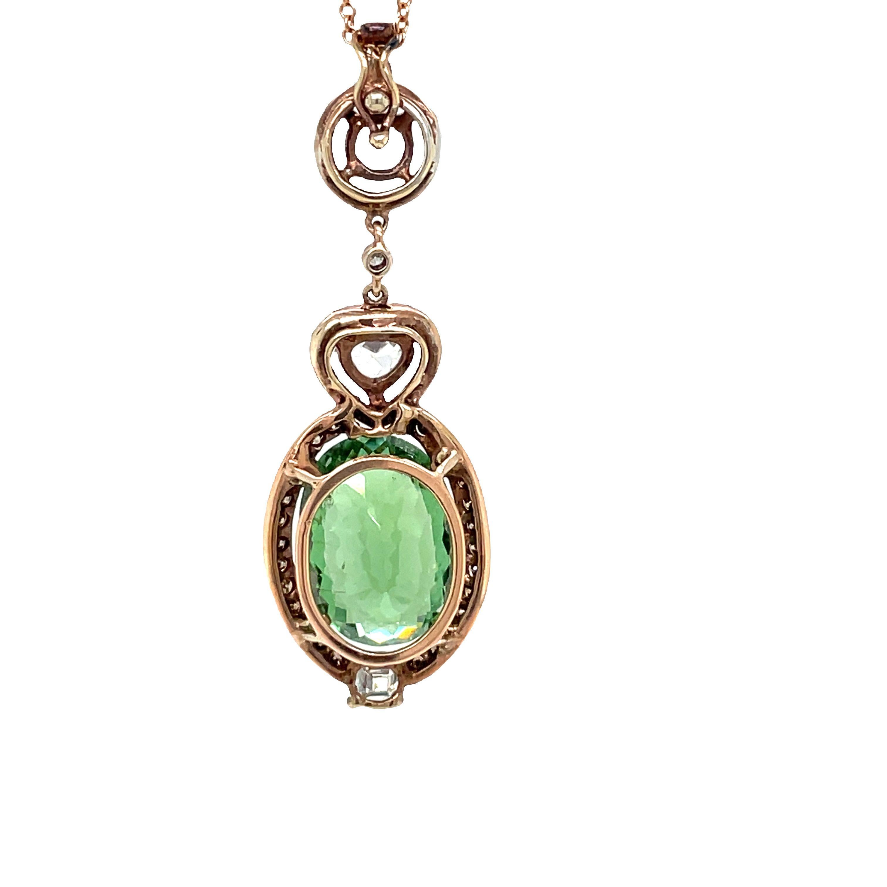 14k Rose Gold Paraiba Green Tourmaline Diamond Pendant In Excellent Condition For Sale In beverly hills, CA