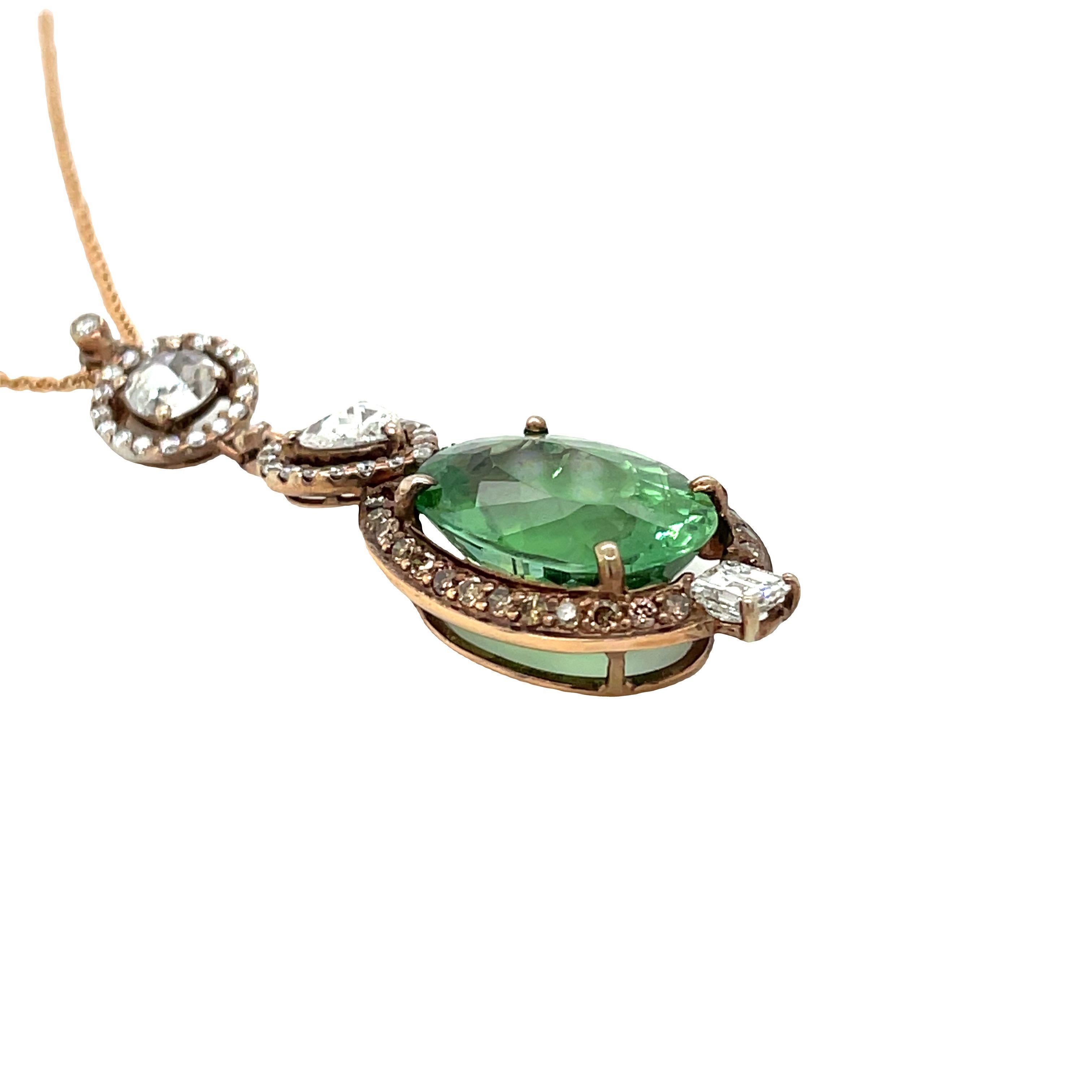 Women's 14k Rose Gold Paraiba Green Tourmaline Diamond Pendant For Sale