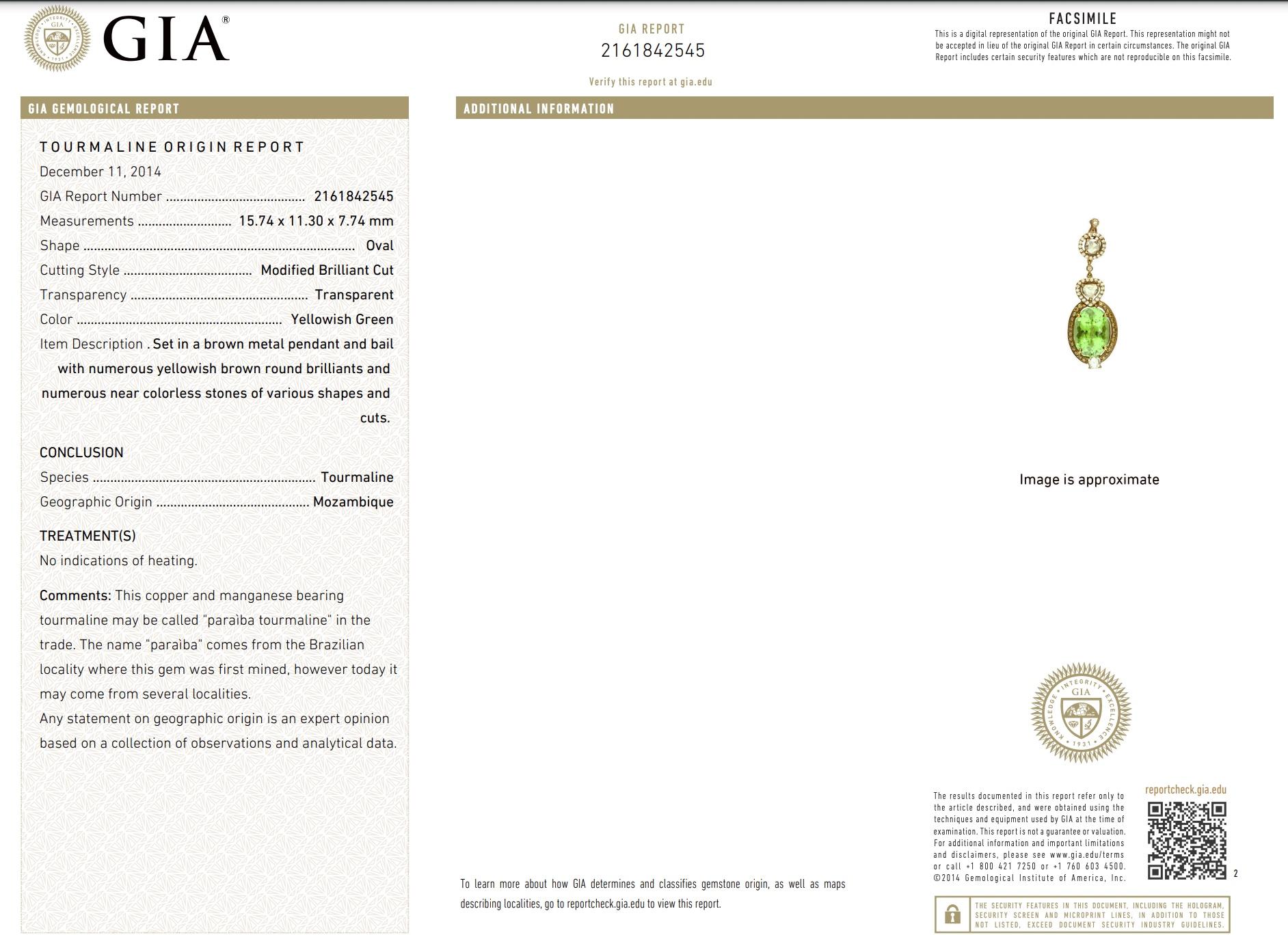 14k Rose Gold Paraiba Green Tourmaline Diamond Pendant For Sale 5