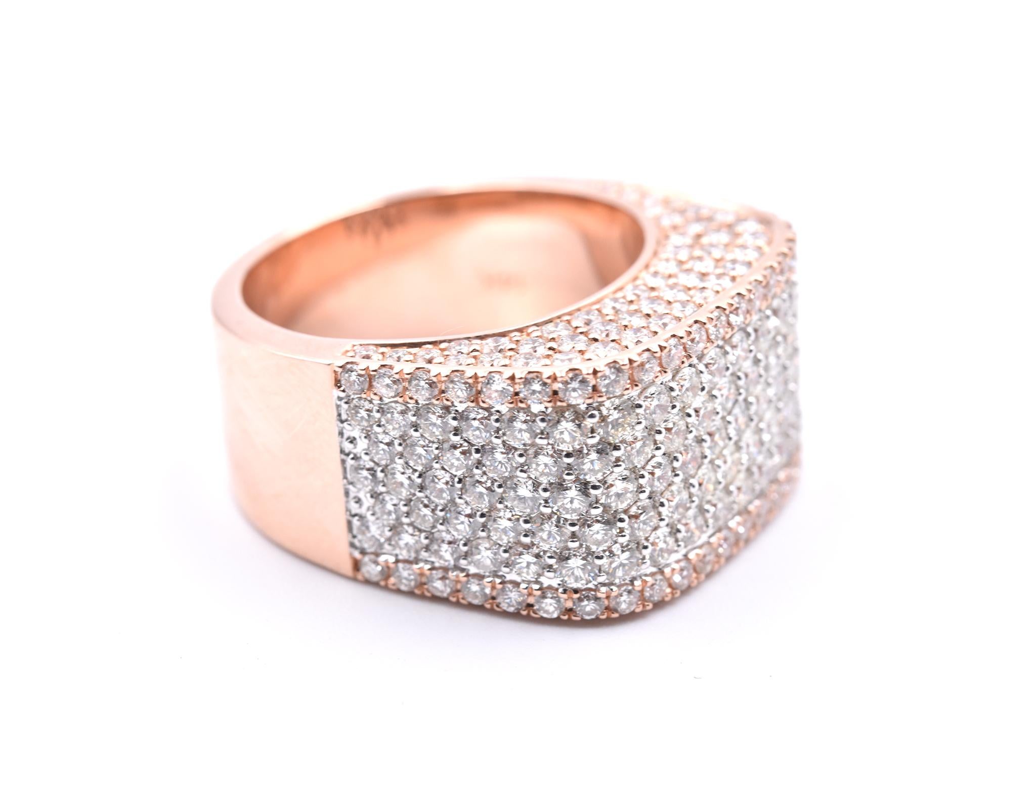 Designer: custom design
Material: 14k rose gold
Diamonds: round brilliant cut = 5.35cttw
Color: G
Clarity: VS
Ring size: 10 (please allow two additional shipping days for sizing requests)
Dimensions: ring is approximately 13.33mm by 20mm
Weight: