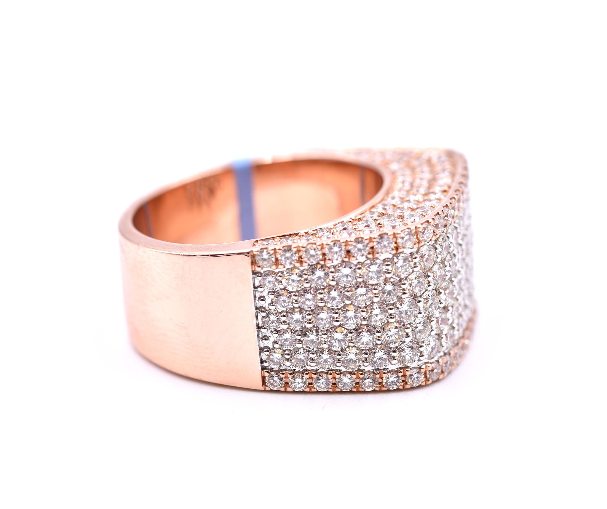 Designer: custom design
Material: 14k rose gold
Diamonds: round brilliant cut = 5.35cttw
Color: G
Clarity: VS
Ring size: 10 (please allow two additional shipping days for sizing requests)
Dimensions: ring is approximately 13.33mm by 20mm
Weight: