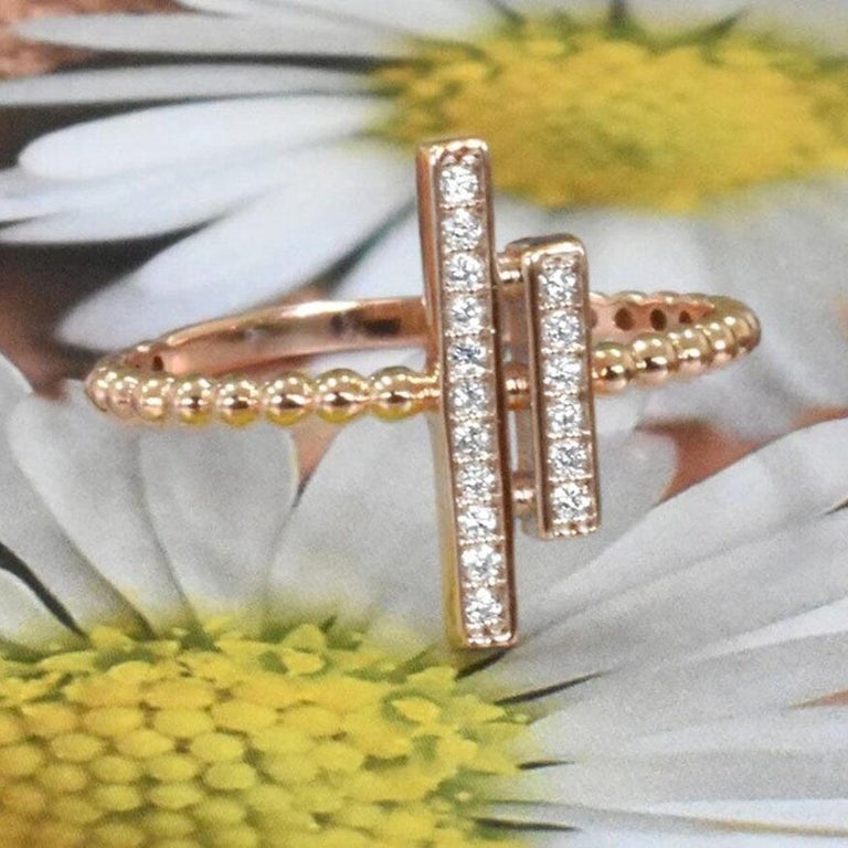 For Sale:  14k Rose Gold Pave Diamond Two Bar Ring Parallel Bar Ring Diamond Bar Ring 6