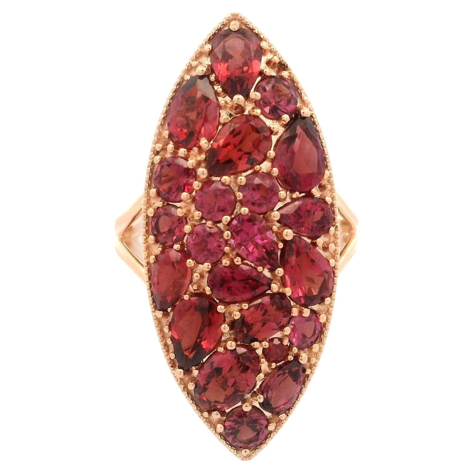 14k Rose Gold Pave Set Garnet Mosaic Platter Navette Marquise Shape Large Ring