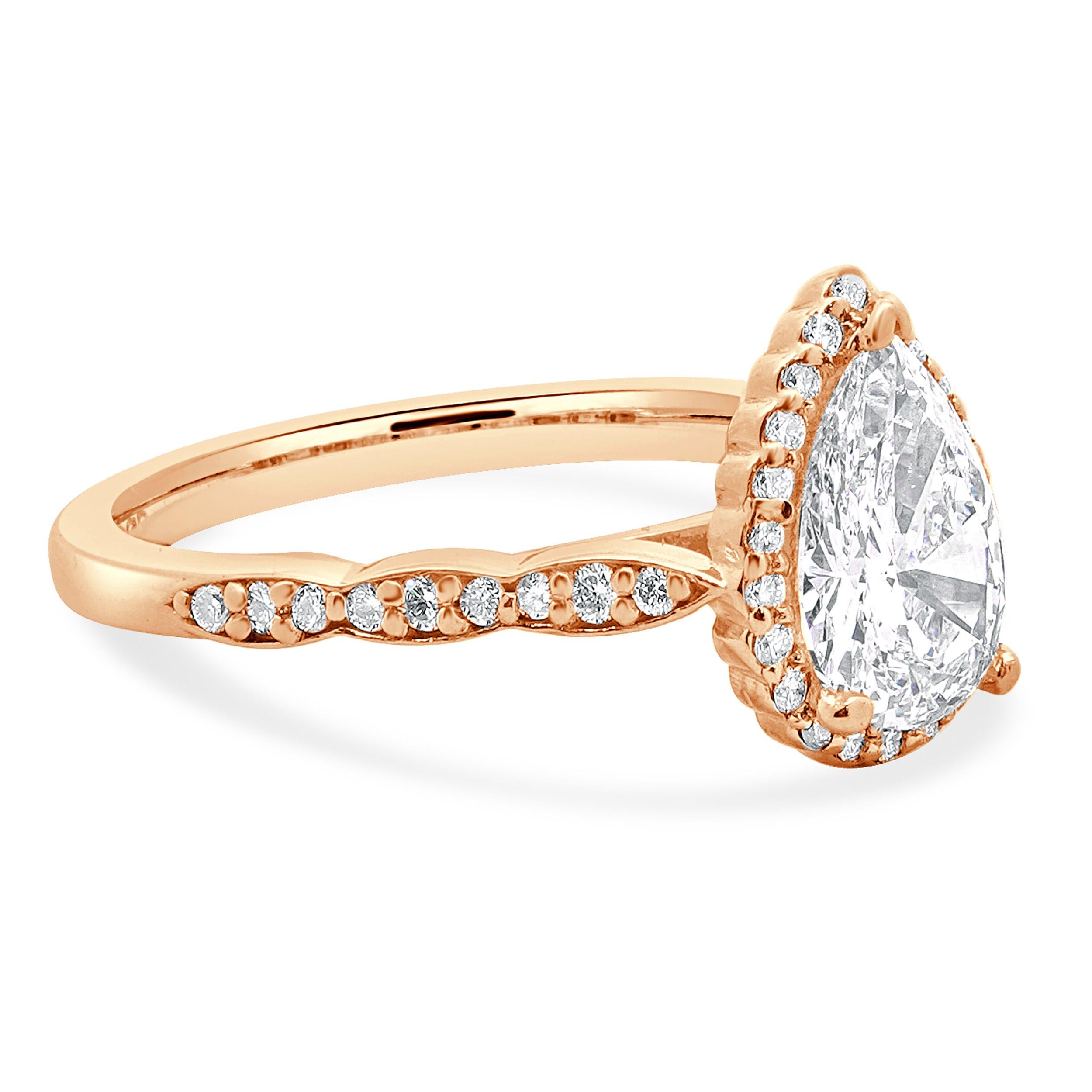 Women's 14k Rose Gold Pear Cut Diamond Engagement Ring For Sale