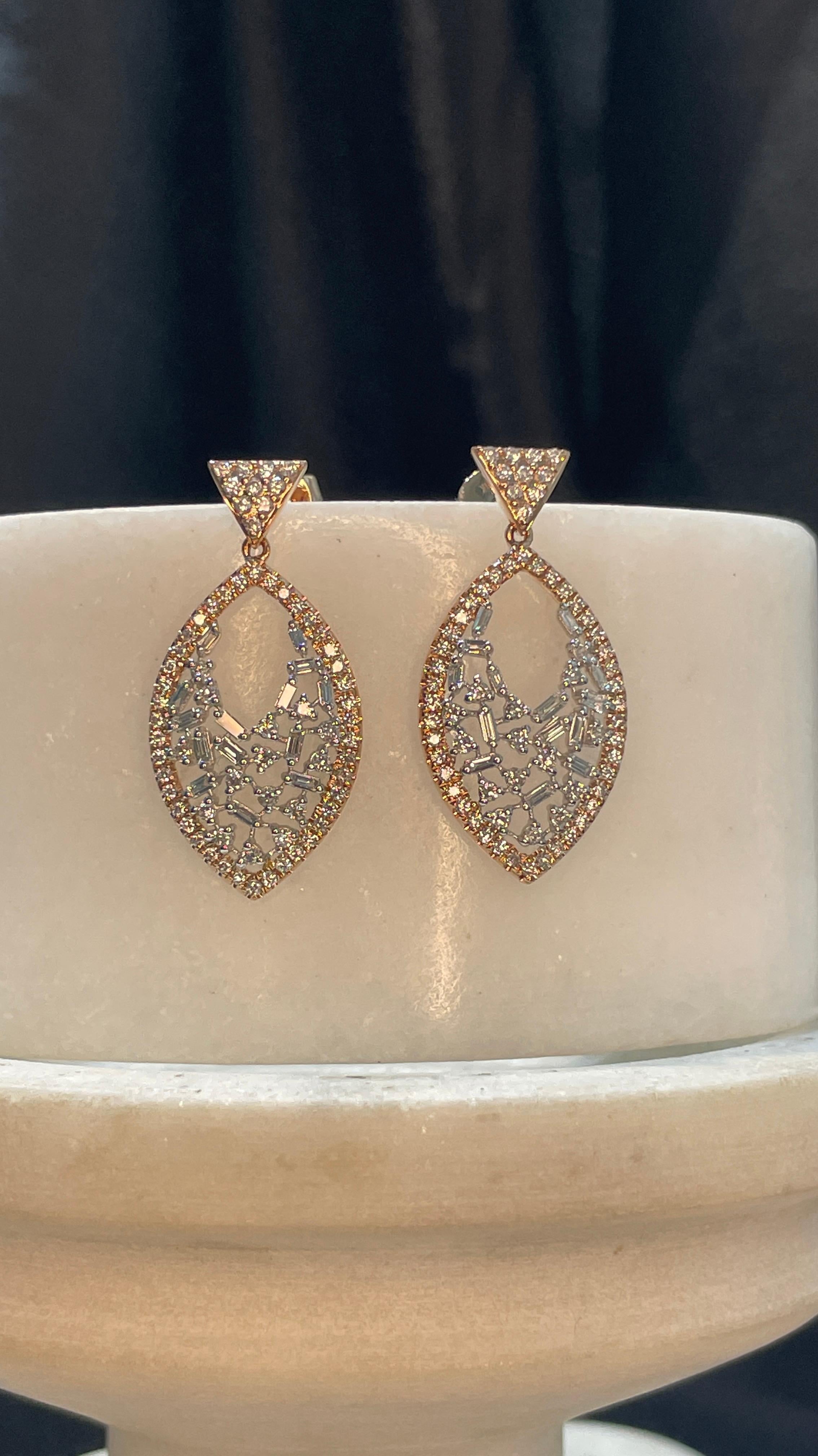 Mixed Cut 14k Rose Gold Diamond Fish Dangle Earrings for Women For Sale
