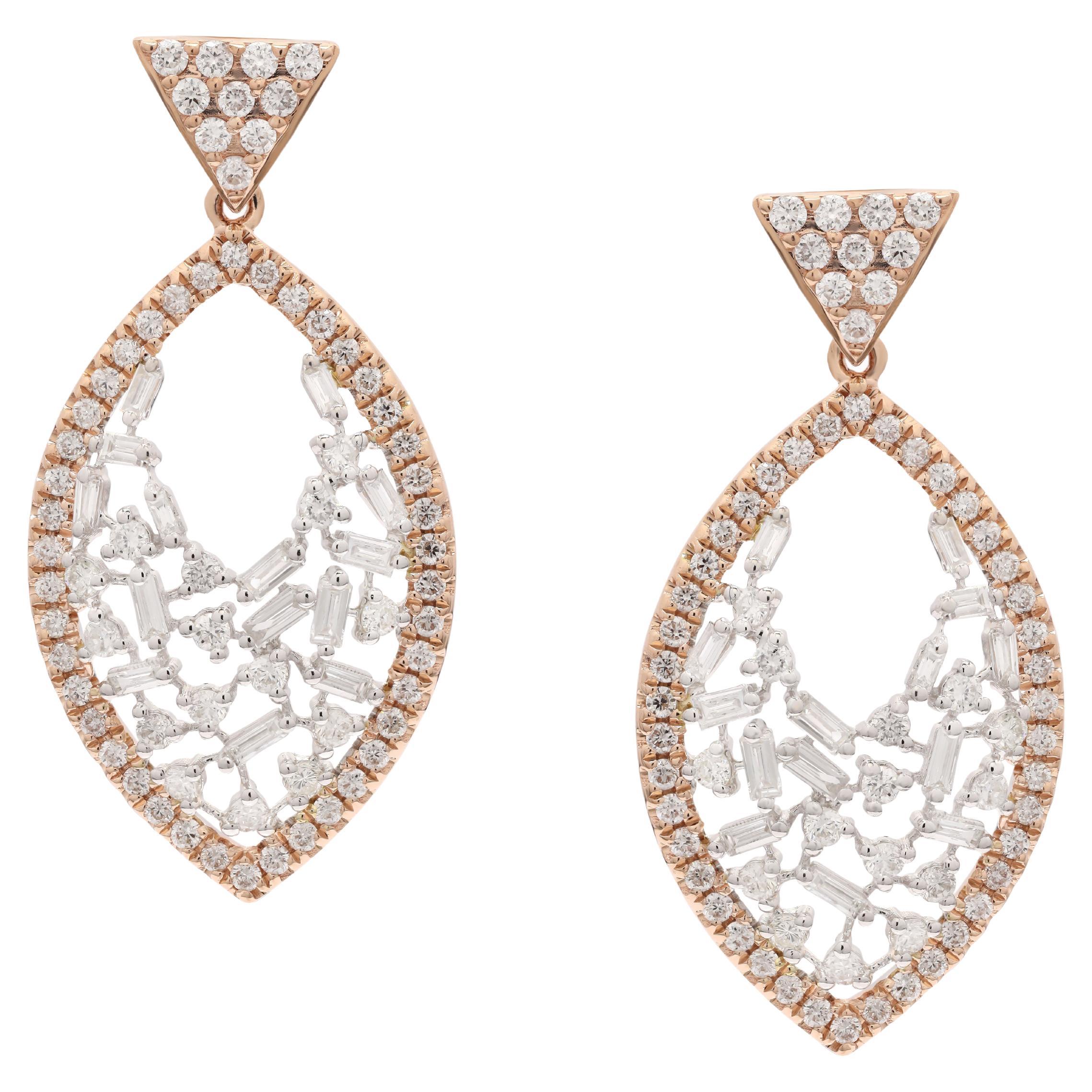 Boucles d'oreilles pendantes en or rose 14k avec poisson et diamants pour femmes