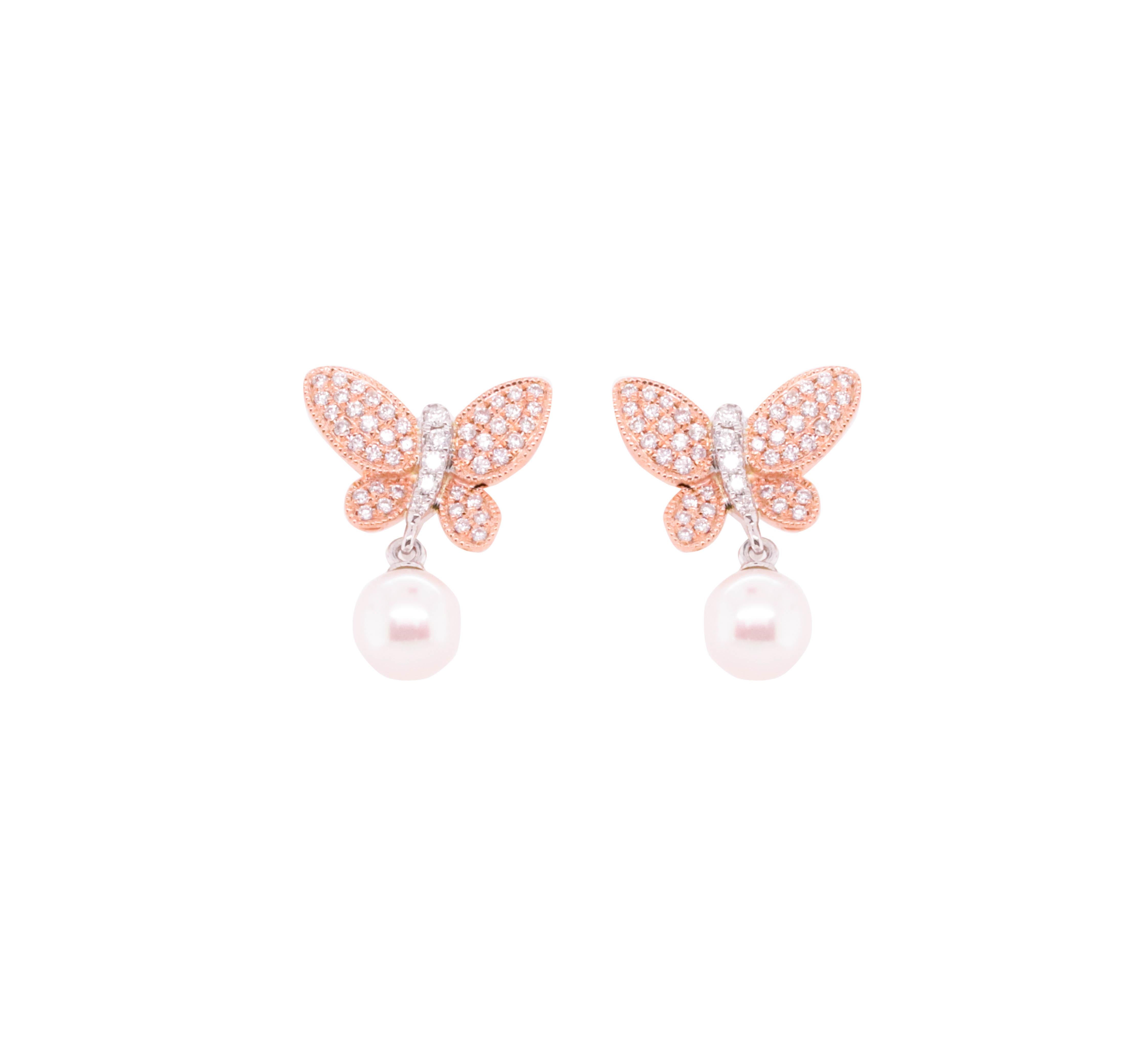 Round Cut 14K Rose Gold Pearl and Diamond Earrings