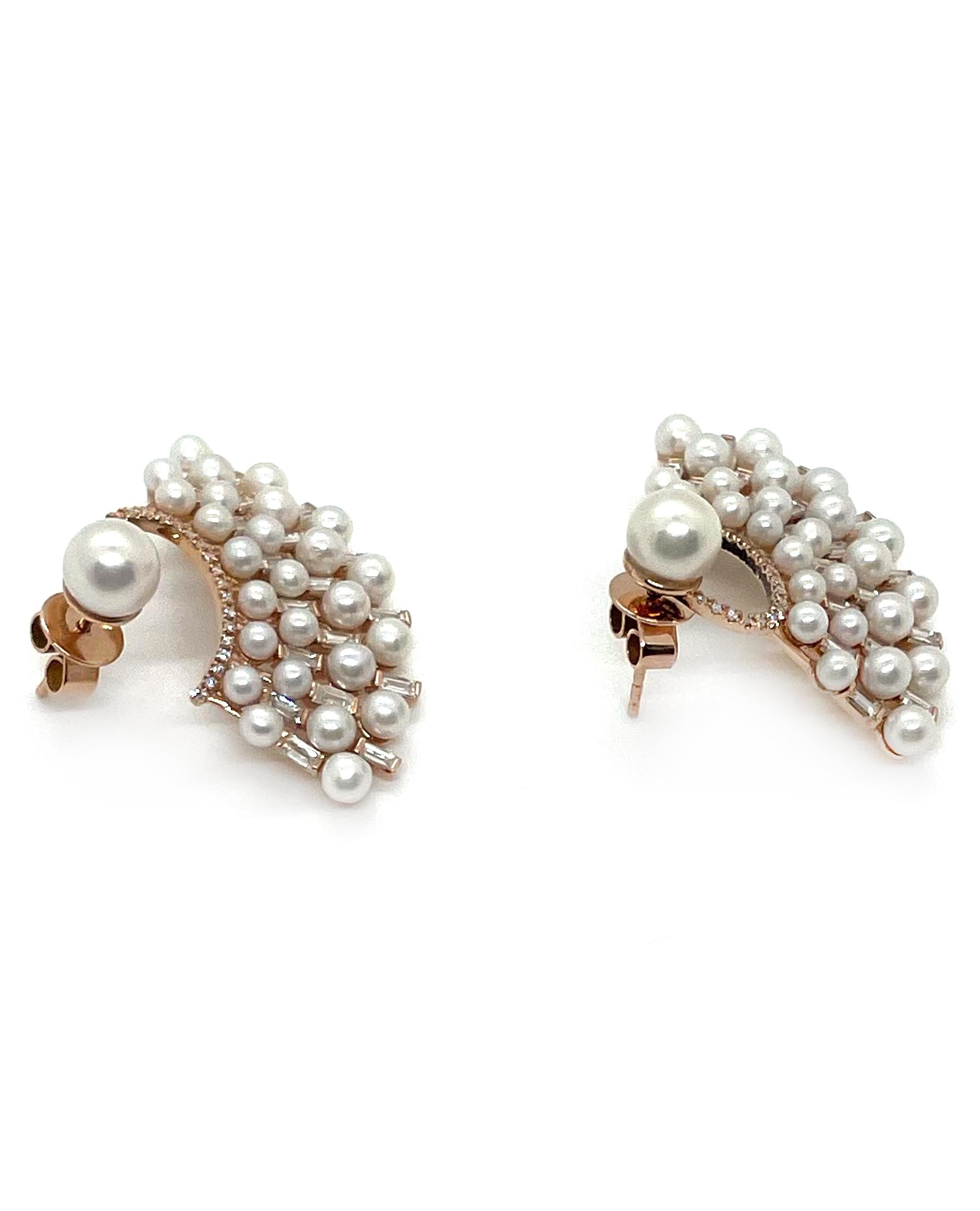 Baguette Cut 14K Rose Gold Pearl Earrings with Diamonds