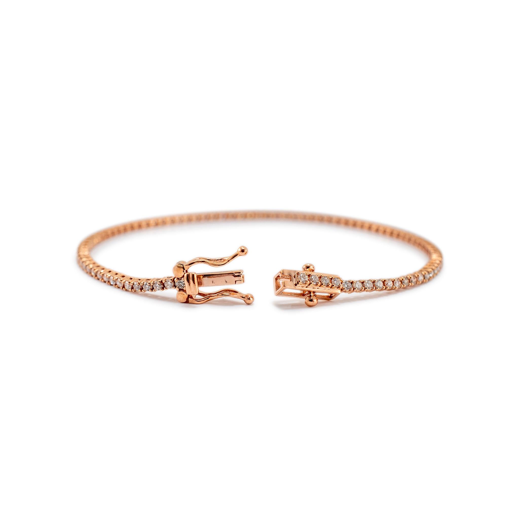 Taille ronde Petite or rose 14 carats 1,13 carat Bracelet tennis en diamants en vente