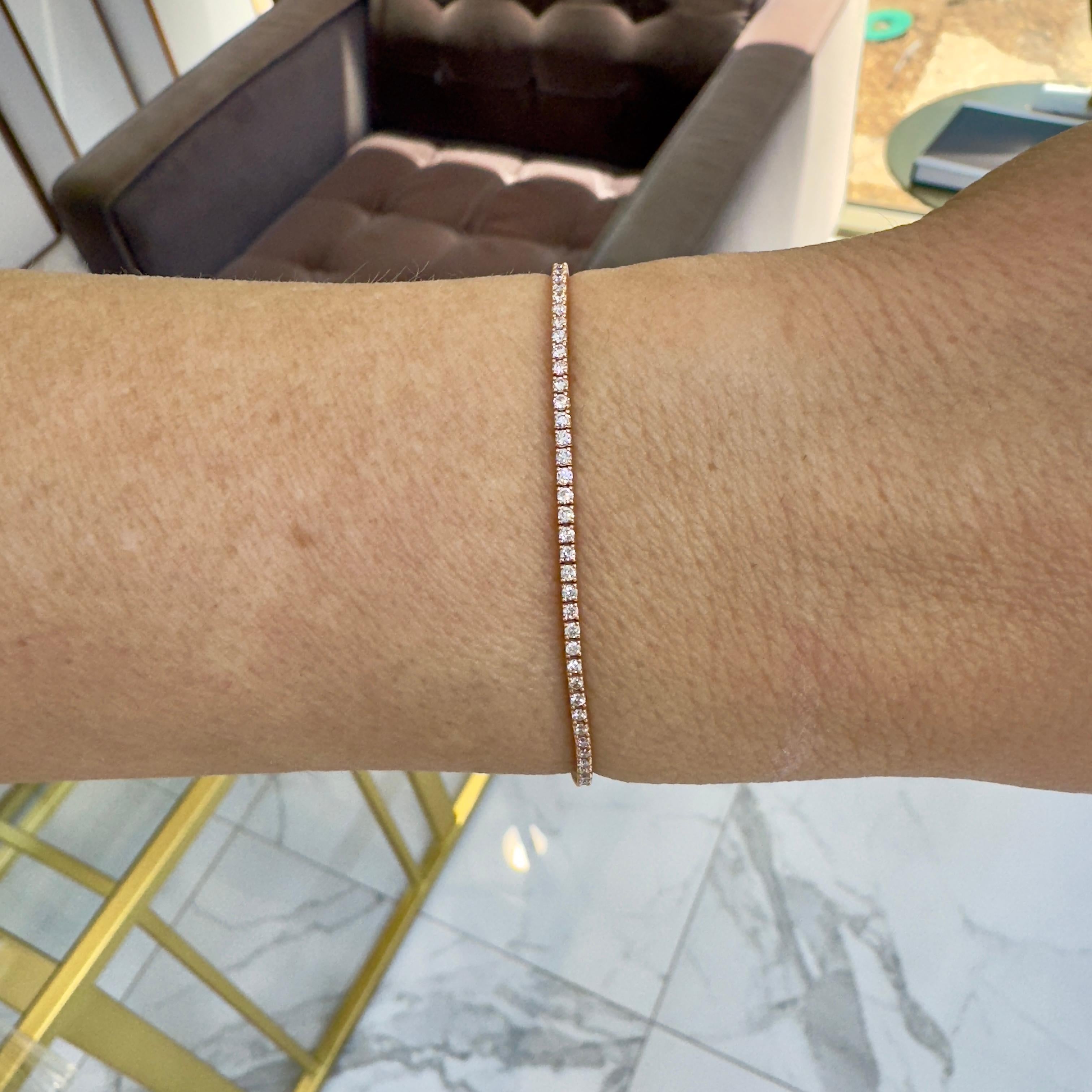 Petite or rose 14 carats 1,13 carat Bracelet tennis en diamants en vente 1