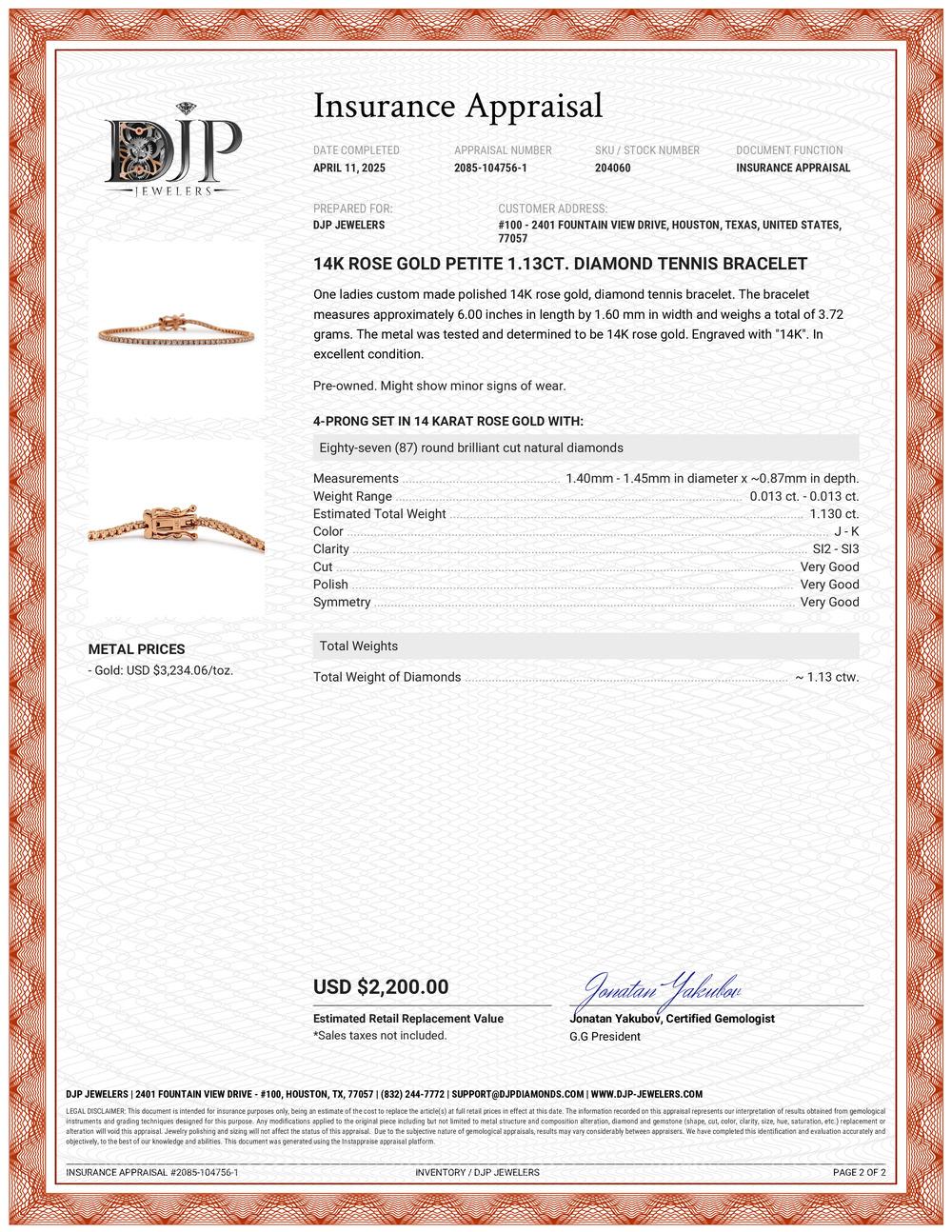 Petite or rose 14 carats 1,13 carat Bracelet tennis en diamants en vente 2