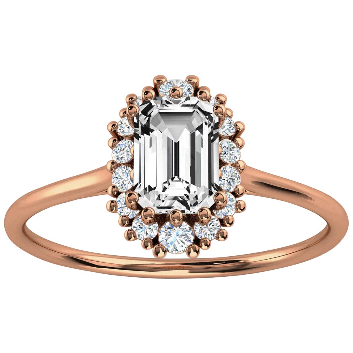 14K Rose Gold Petite Organic Halo Design Emerald Diamond Ring Center 1/2 Carat For Sale