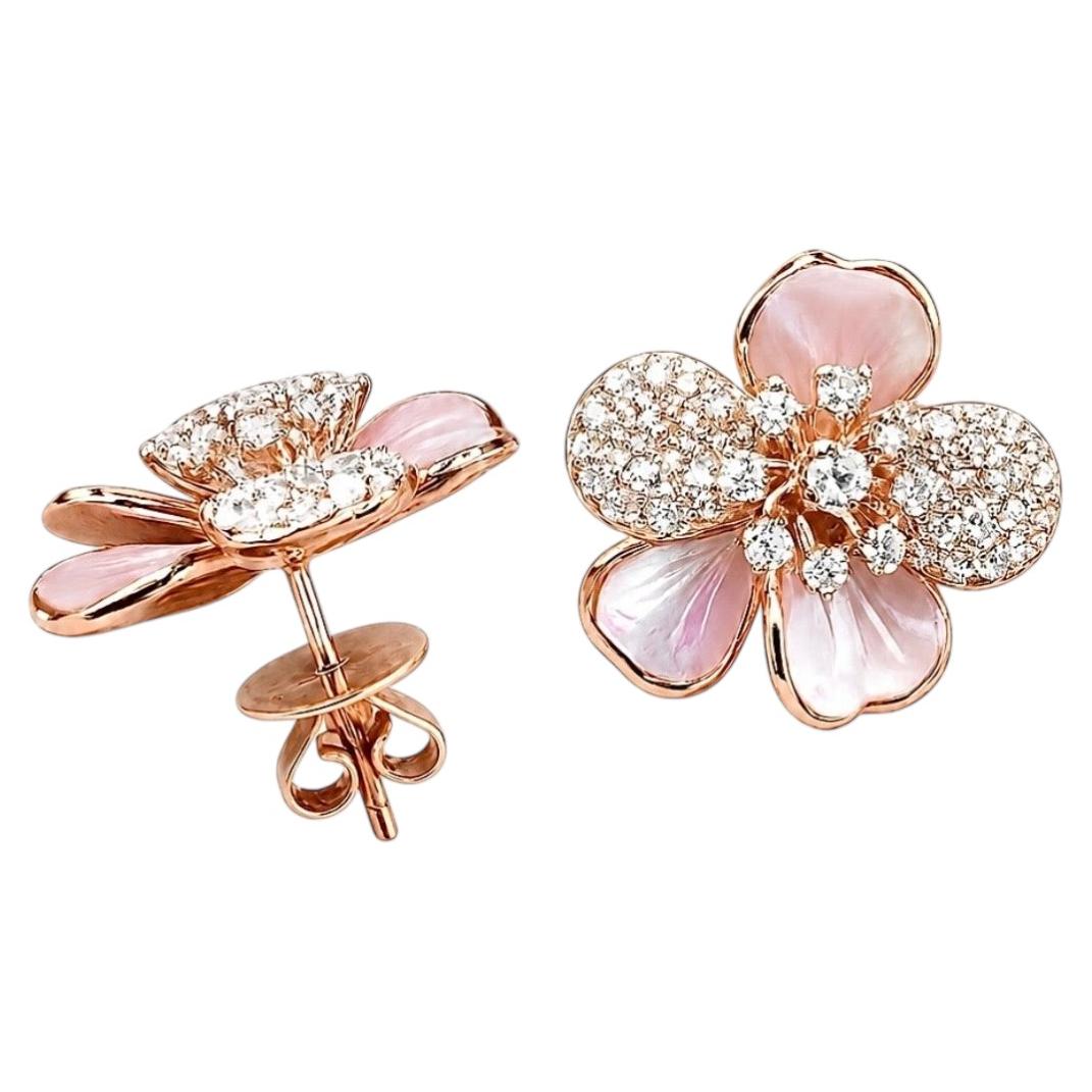 Boucles d'oreilles fleurs en or rose 14K, nacre rose et diamant de 1,63ct