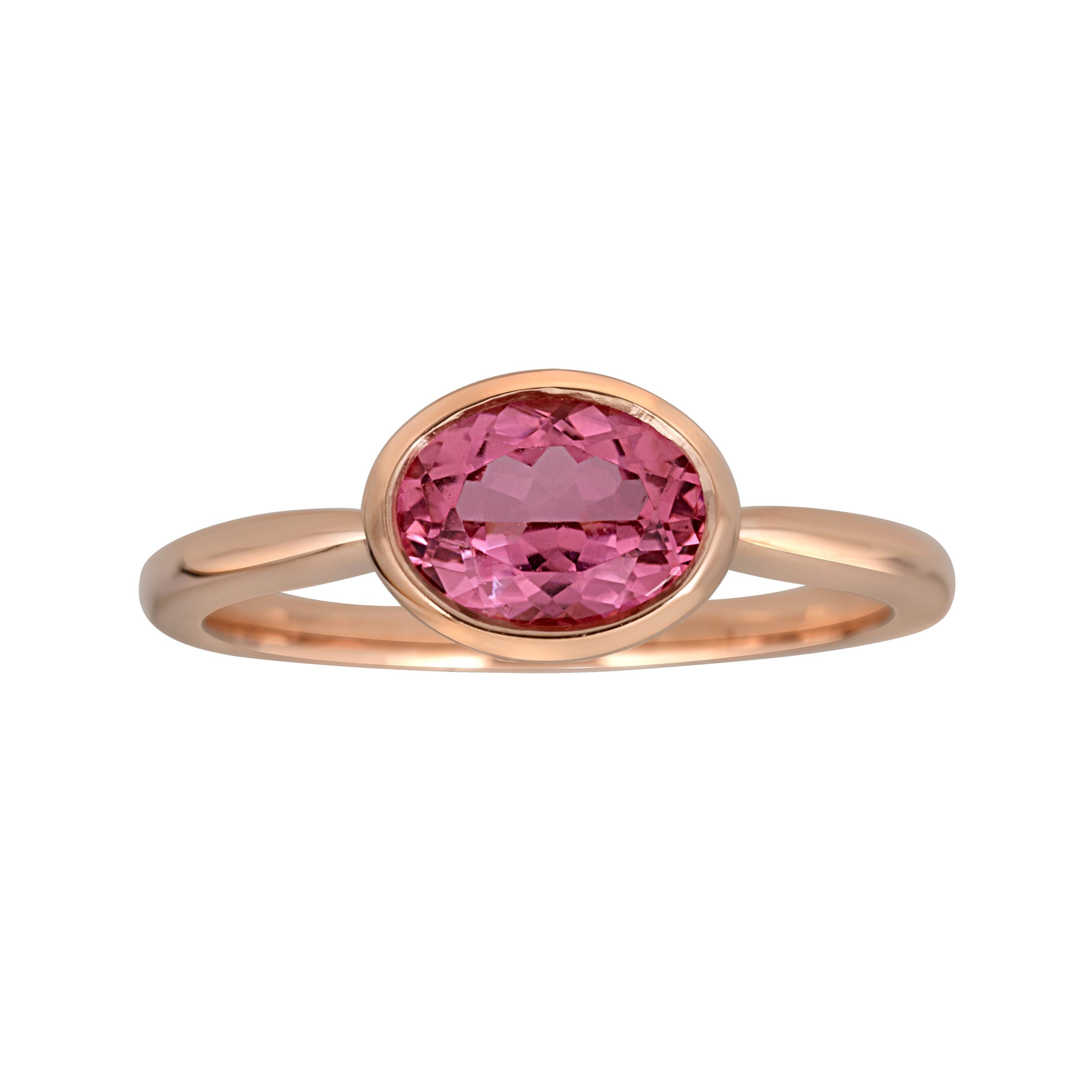 14k Rose Gold Pink Oval Tourmaline East West Horizontal Ring For Sale