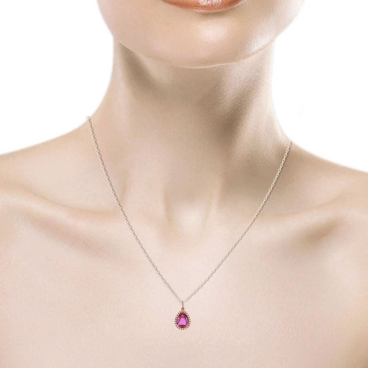 Pear Cut 14 Karat Rose Gold Pink Sapphire and Diamonds Halo Pendant '2 1/3 Carat' For Sale