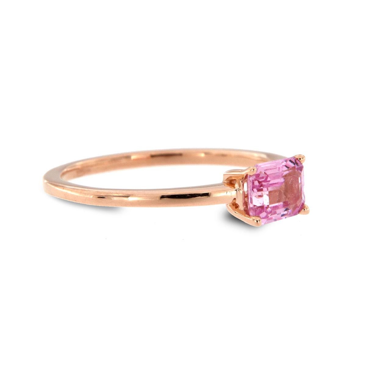 Emerald Cut 14 Karat Rose Gold Pink Sapphire Petite Solitaire Ring '1 Carat' For Sale