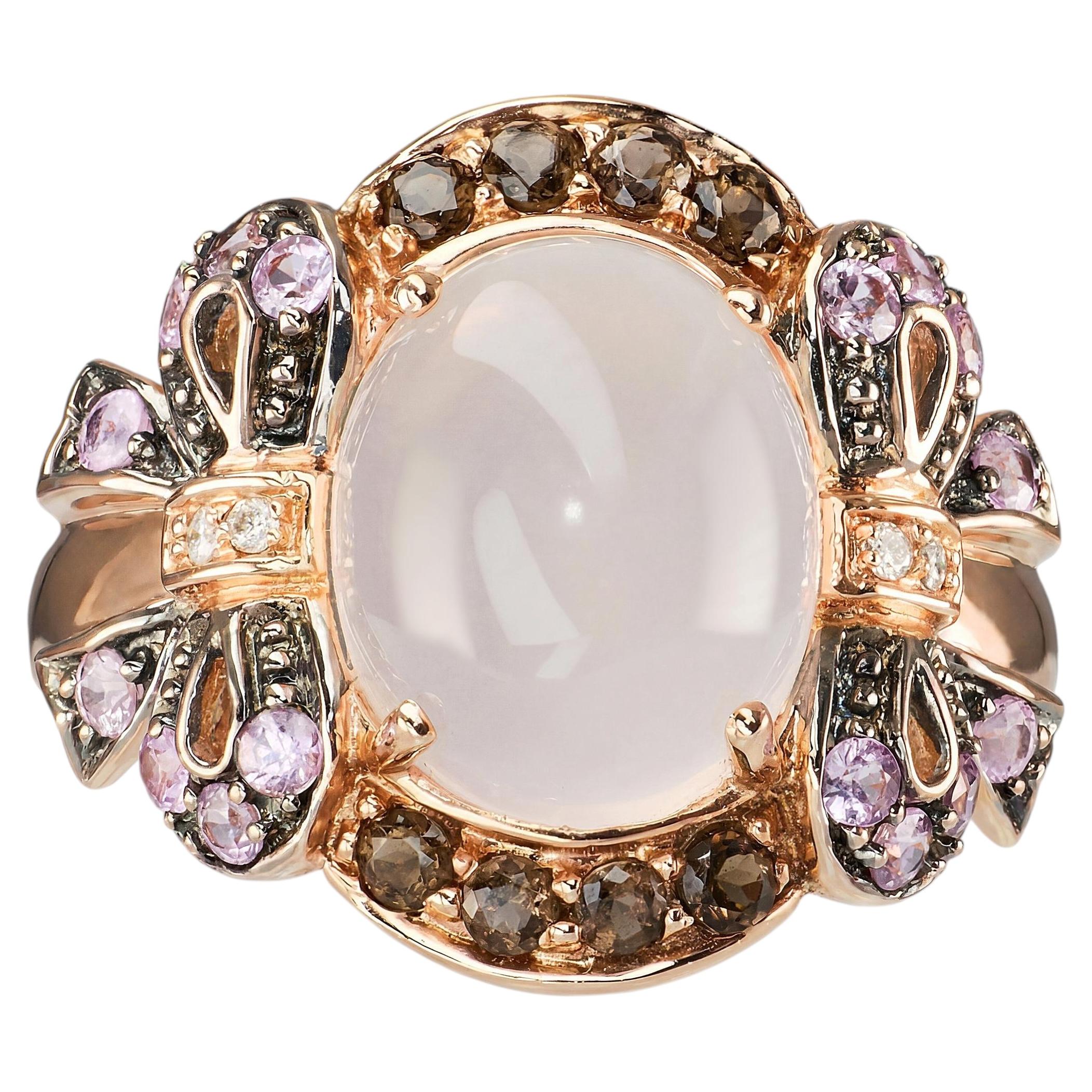 14k Rose Gold Pink Sapphire, Smoky Quartz, Diamond, and Rose Quartz Bow Ring
