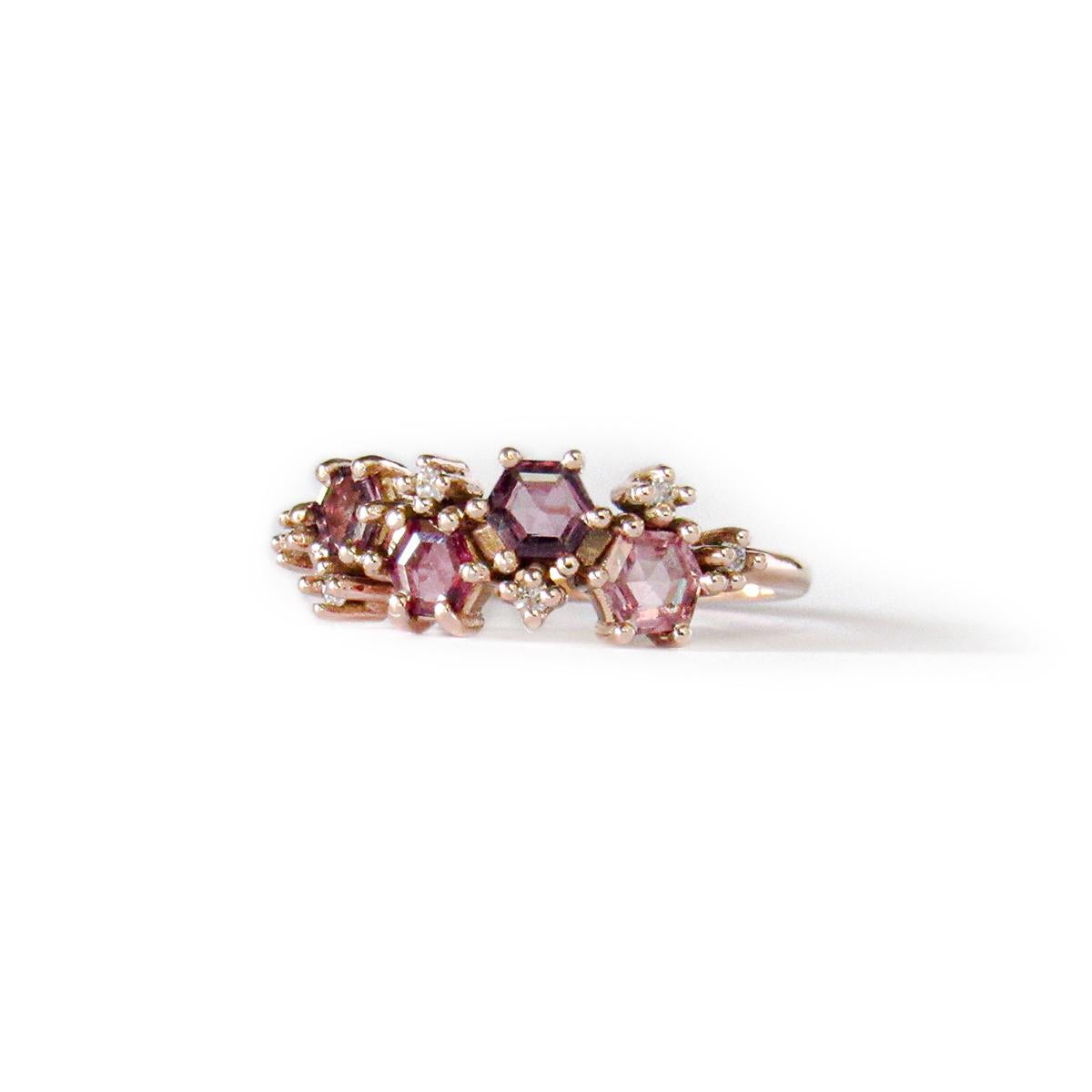 Modern 14 Karat Rose Gold Pink to Purple Spinels and Diamonds Ring