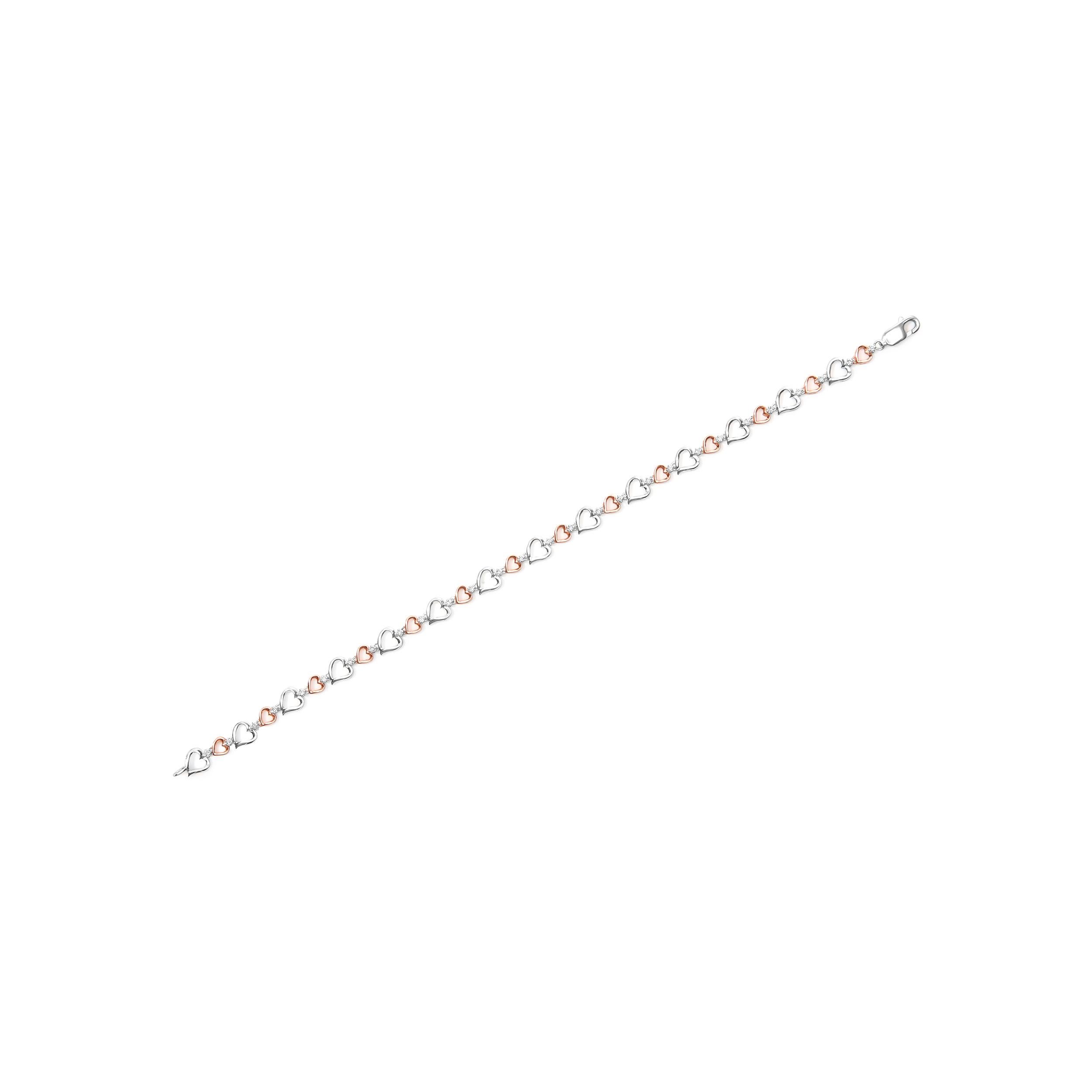Round Cut 14K Rose Gold Plated .925 Sterling Silver 1/4 Carat Diamond Heart Link Bracelet For Sale
